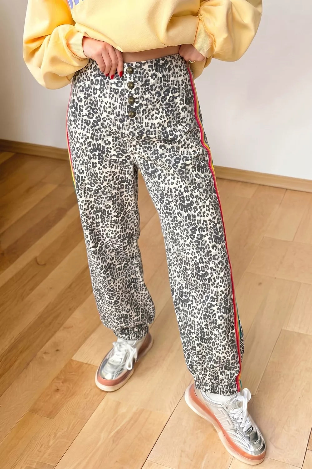 Leopard Print Rainbow Striped Detail Buttoned Loose Jogger Jeans - Lilixa.store