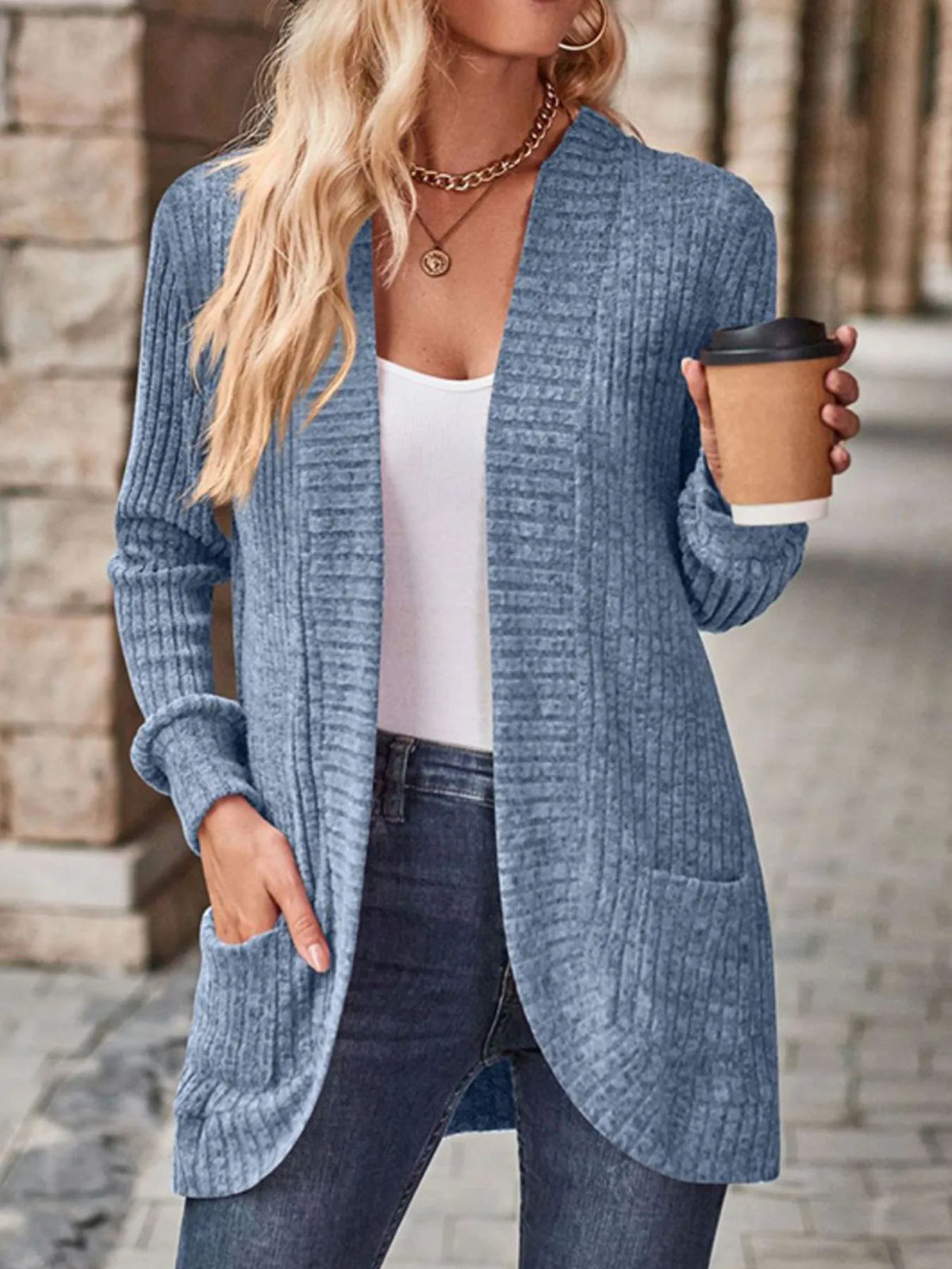 Ribbed Knit Open Front Cardigan with Pockets in Blue