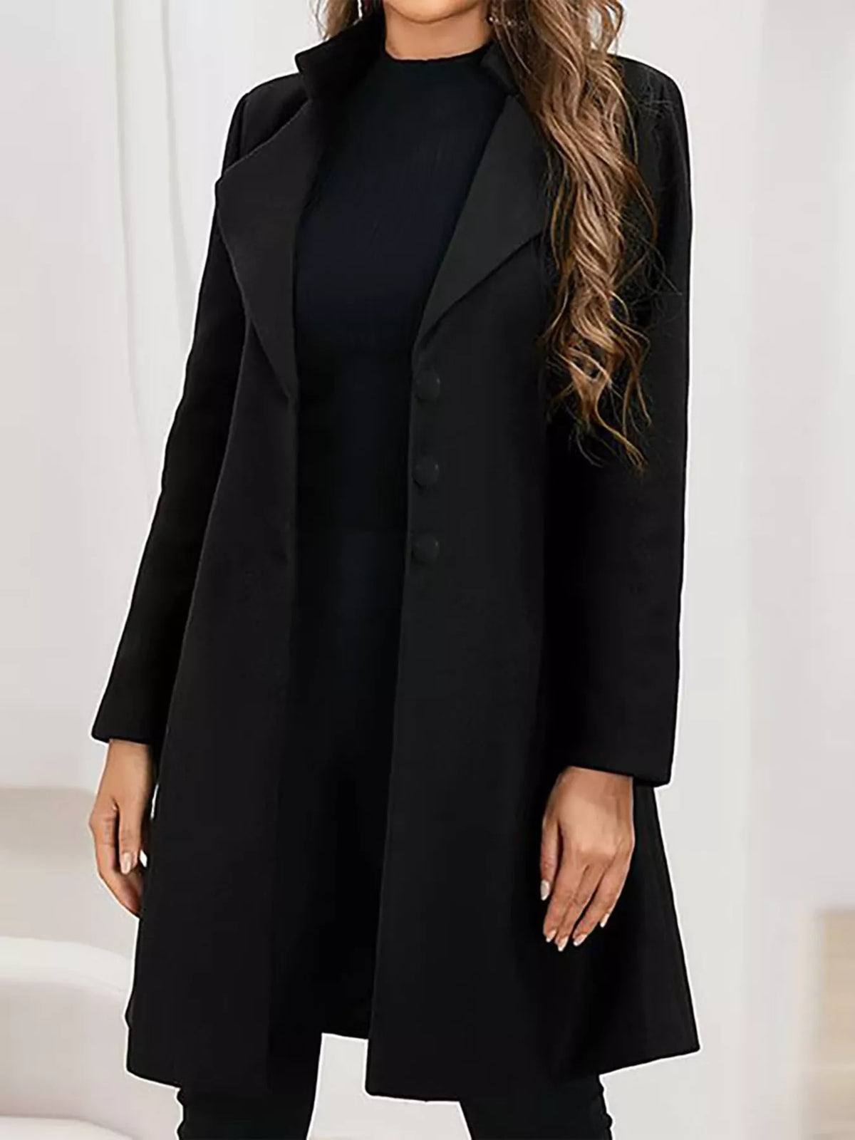 Full Size Single-Breasted Long Sleeve Overcoat Plus Size in Black