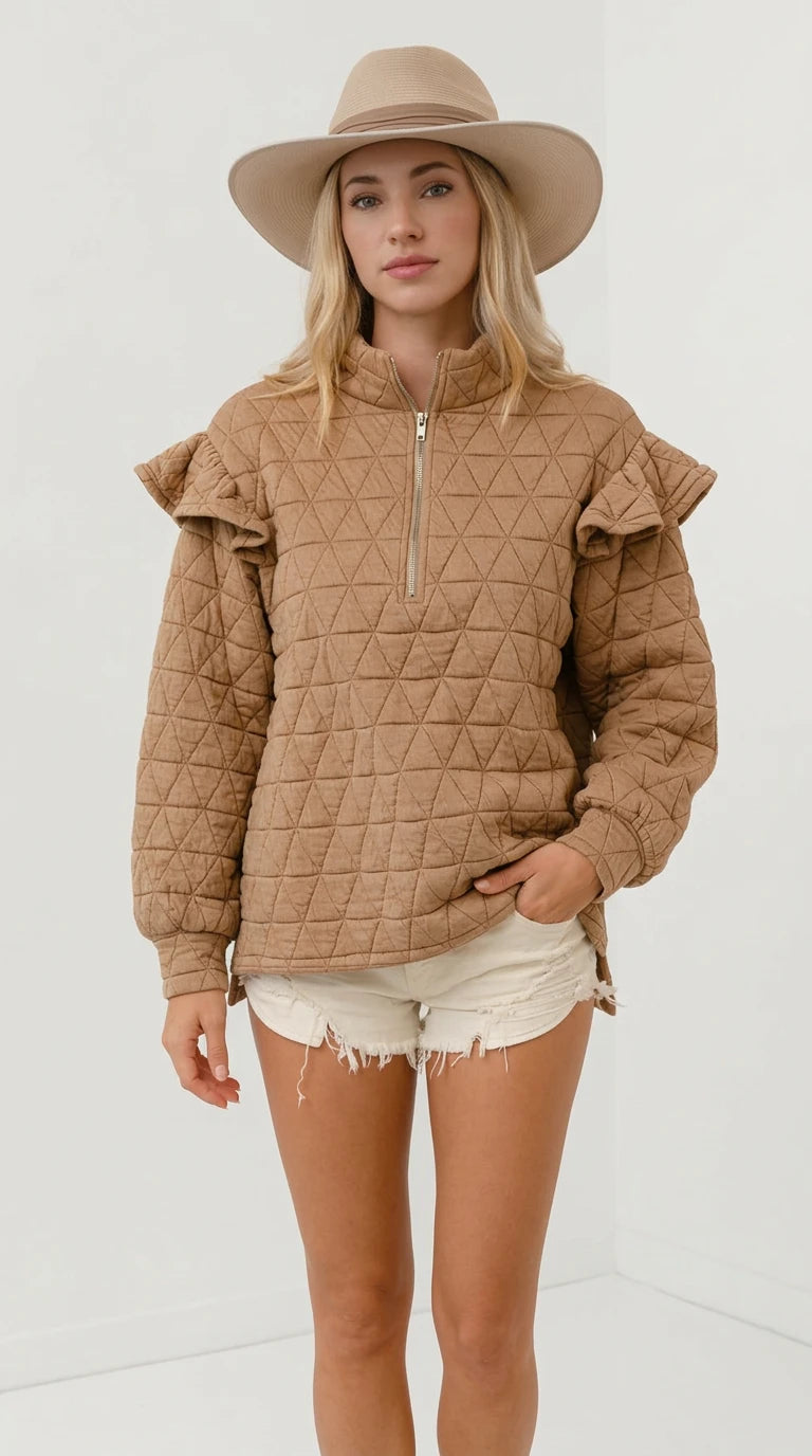 Double Take Ruffled Texture Half Zip Long Sleeve Sweatshirt in Tan
