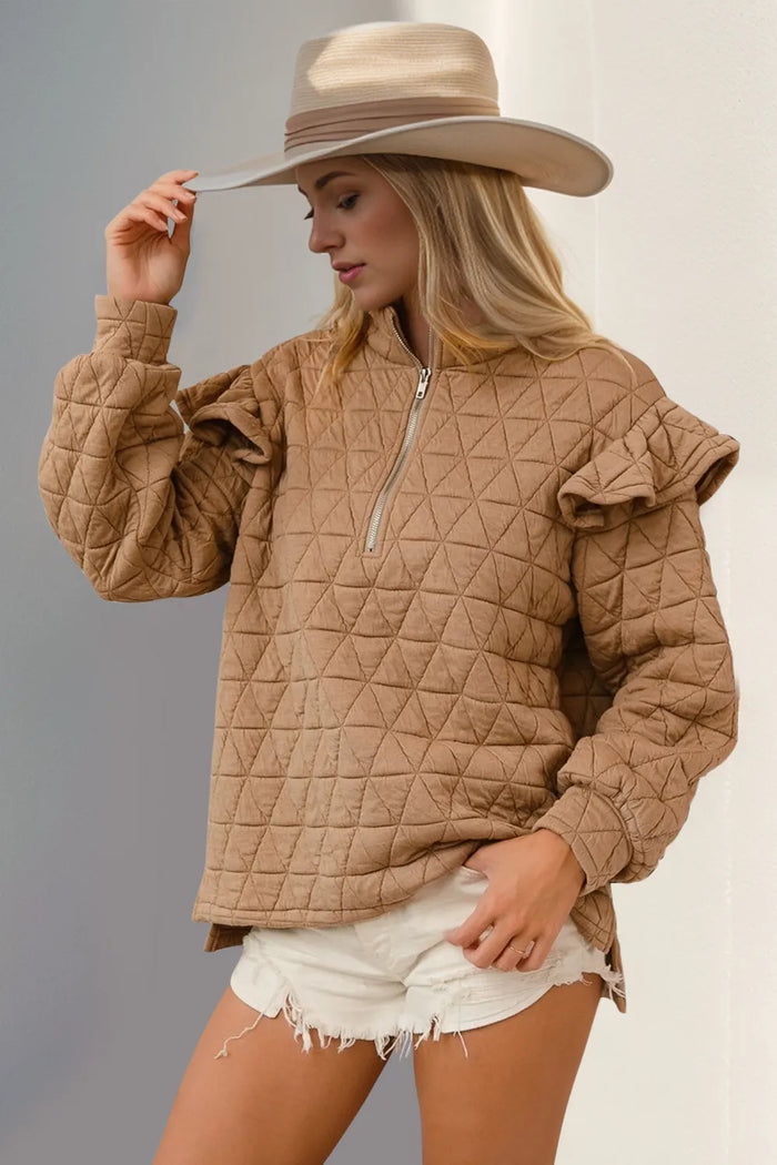 Double Take Ruffled Texture Half Zip Long Sleeve Sweatshirt in Tan