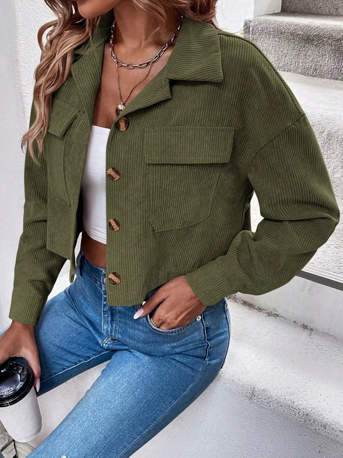 Cropped Corduroy Button-Down Jacket