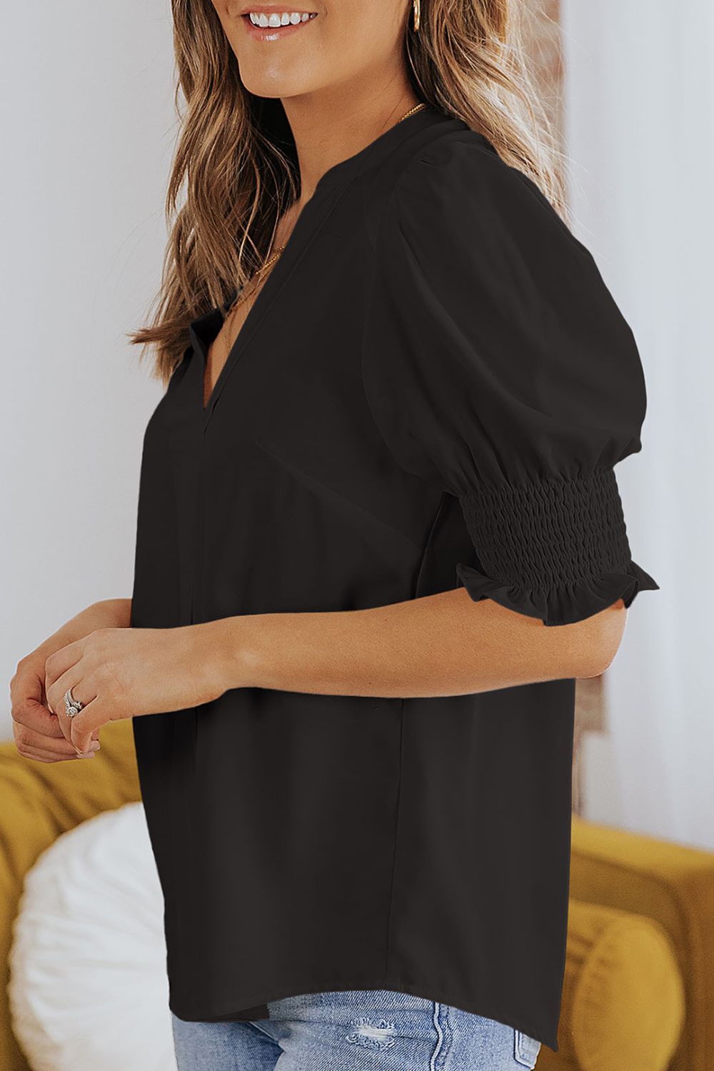 Smocked Flounce Sleeve Notched Neck Blouse, view 12