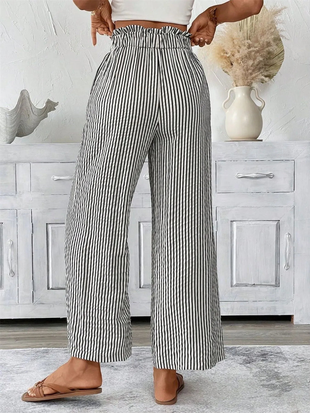 Full Size Striped Wide Leg Paper Bag Pants Plus Size - Lilixa.store