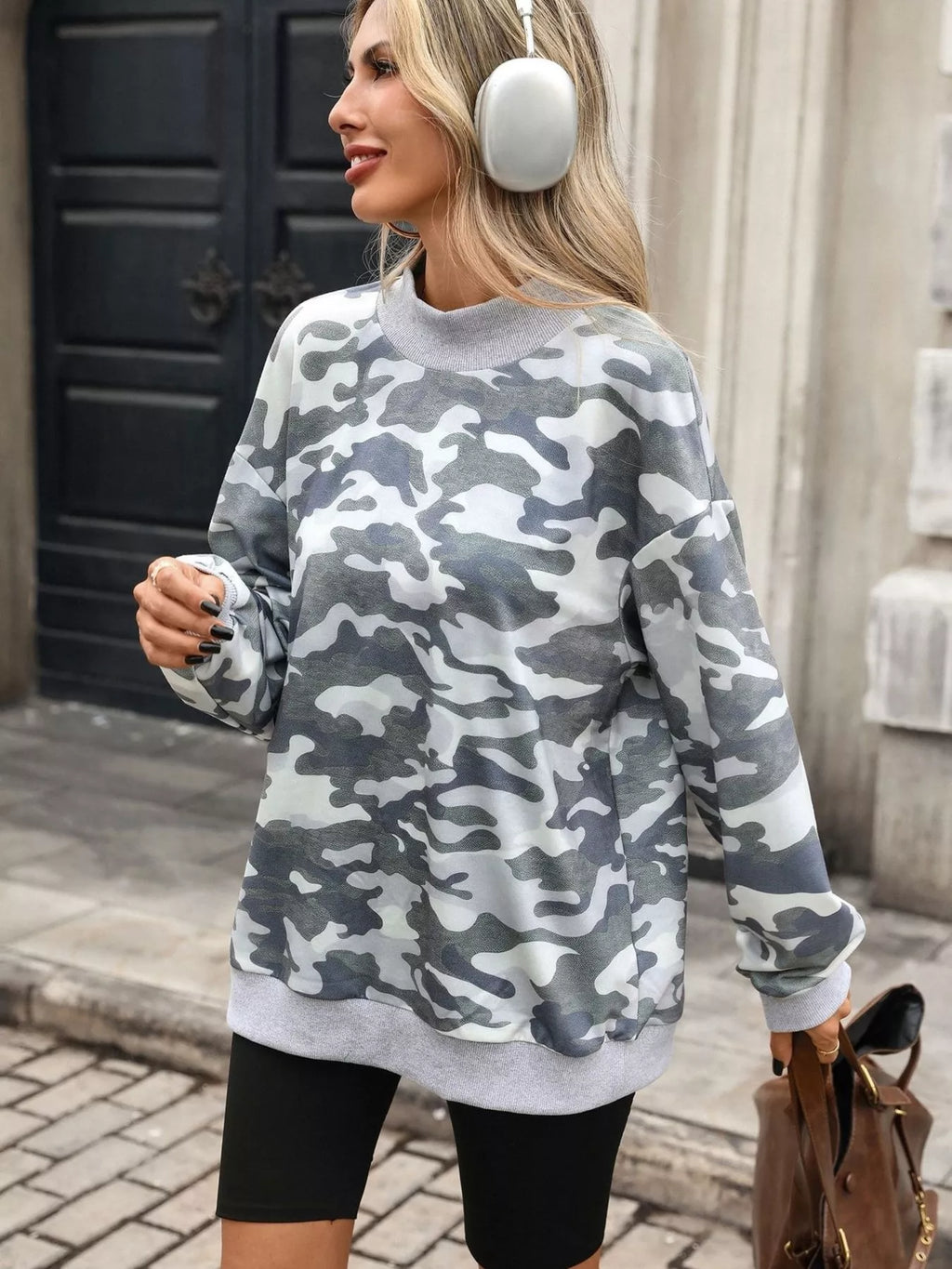 Camouflage Print Mock Neck Sweatshirt - Lilixa.store