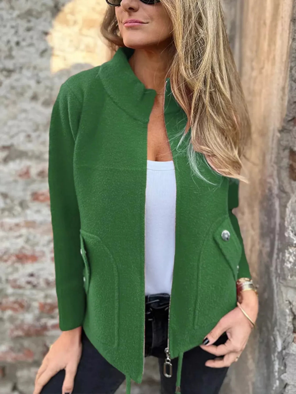 Full Size Textured Knit Zip Up Outerwear Plus Size in Green