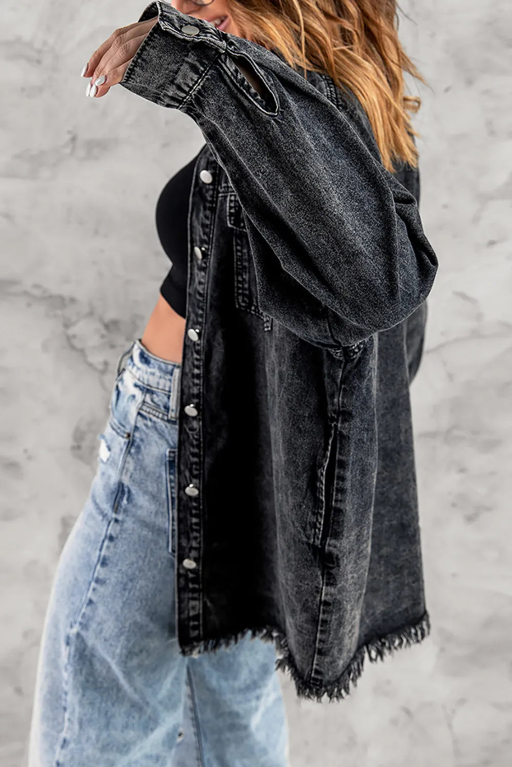 Button Up Pocketed Raw Hem Denim Jacket, view 3