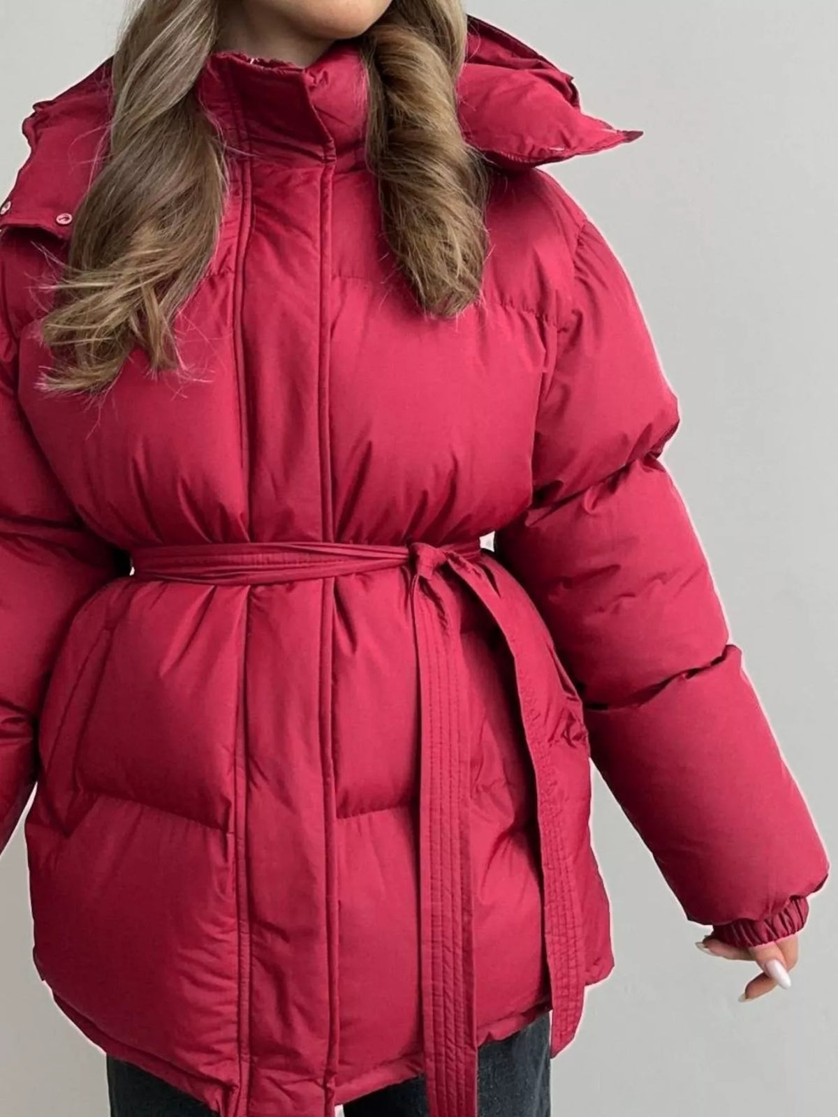 Mid-Length Thickened Hooded Winter Coat with Belted, view 11