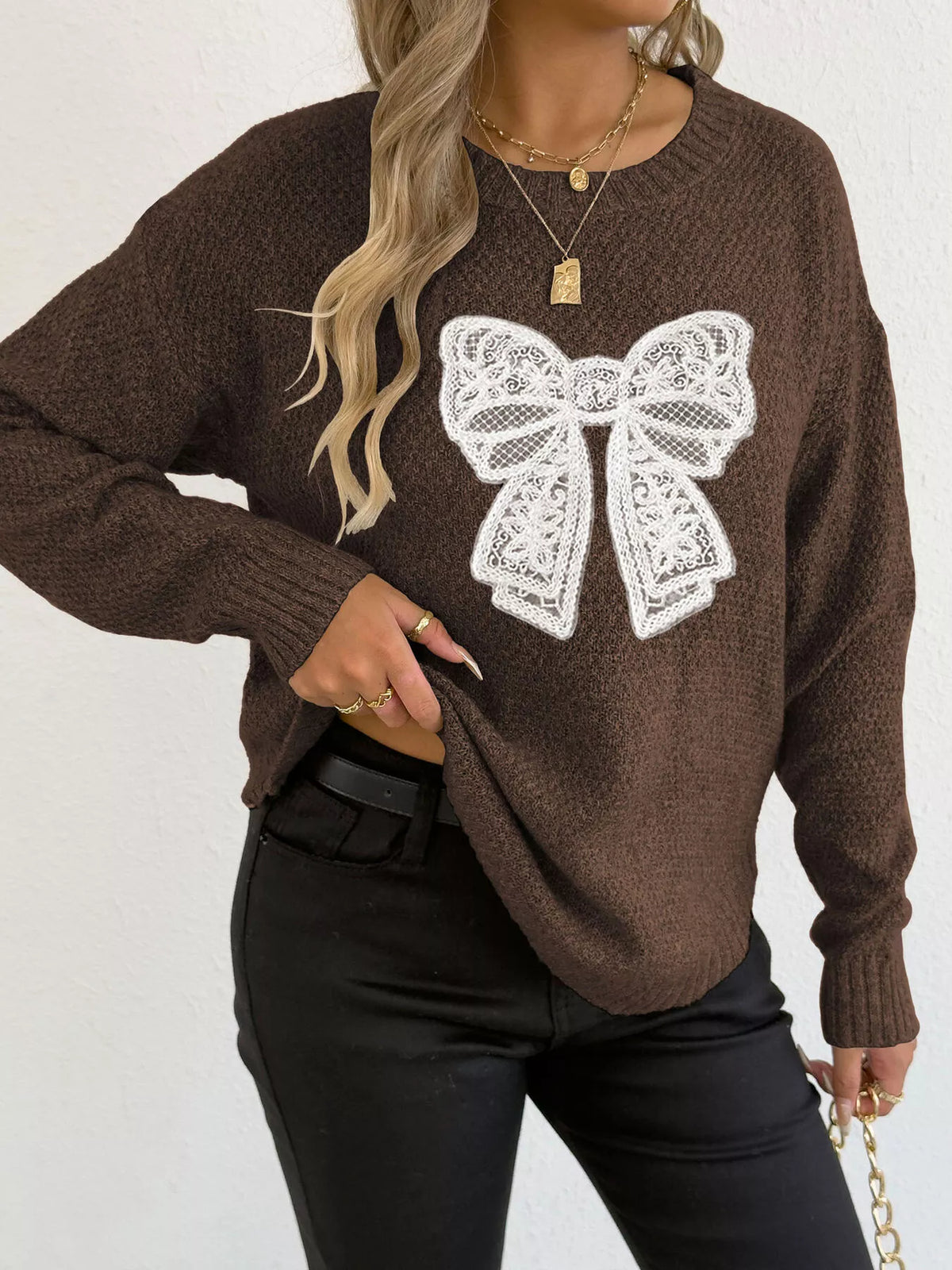 Lace Bow Embroidered Round Neck Sweater