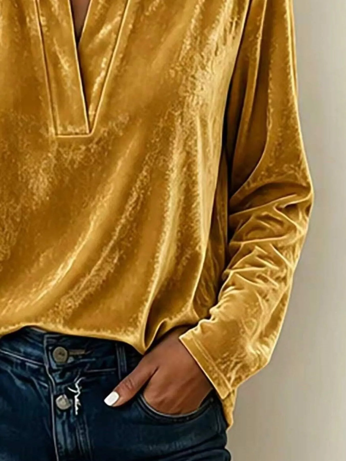 Full Size Velvet Notched Long Sleeve Blouse Plus Size, view 4