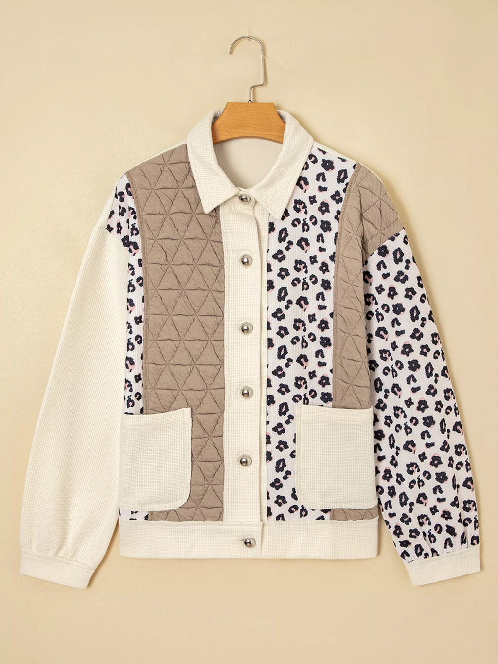 Leopard Waffle Quilted Patchwork Button Front Jacket in Camel, view 5