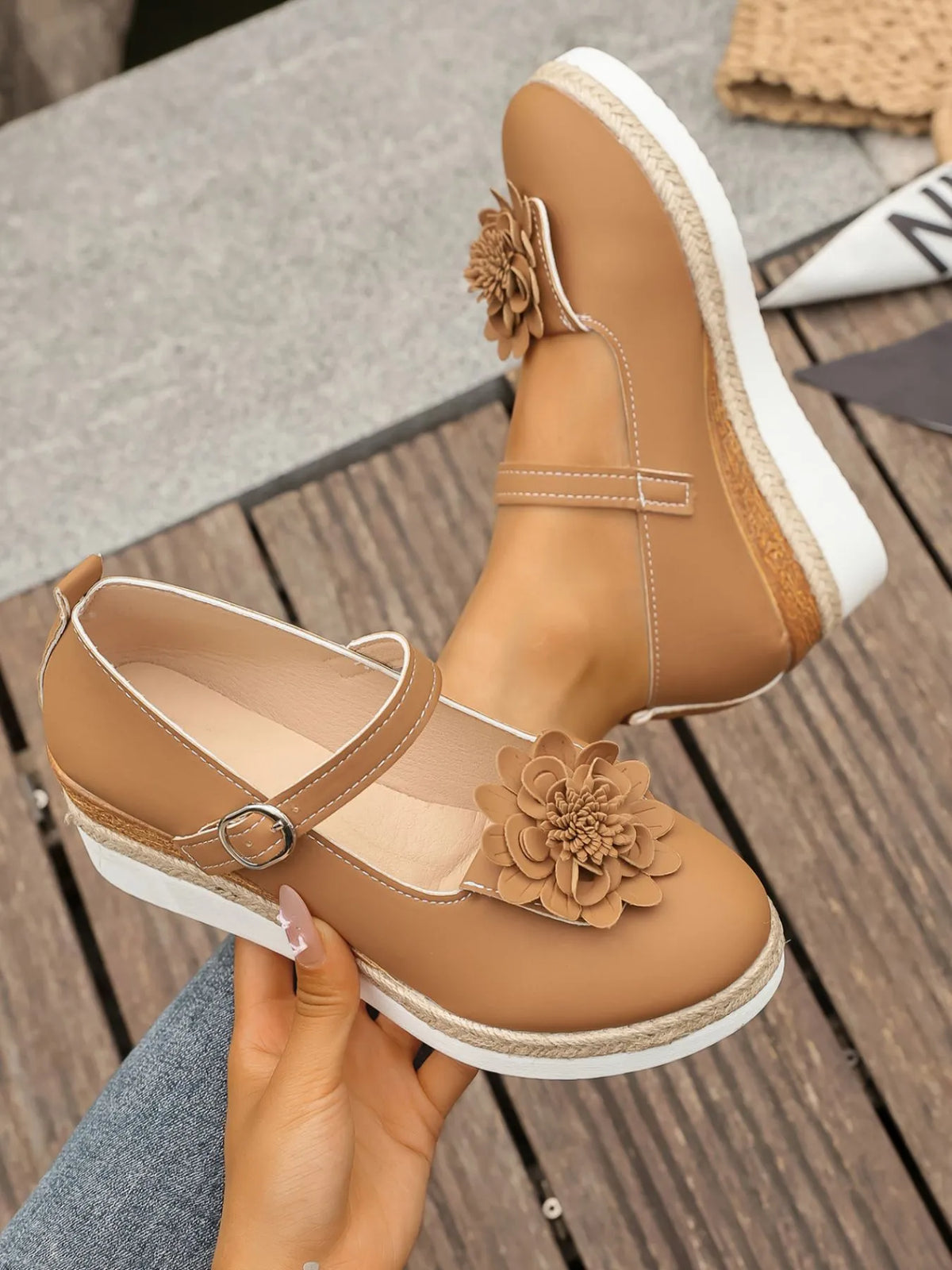 Flower Embellished Mary Jane Loafers in Dark Brown