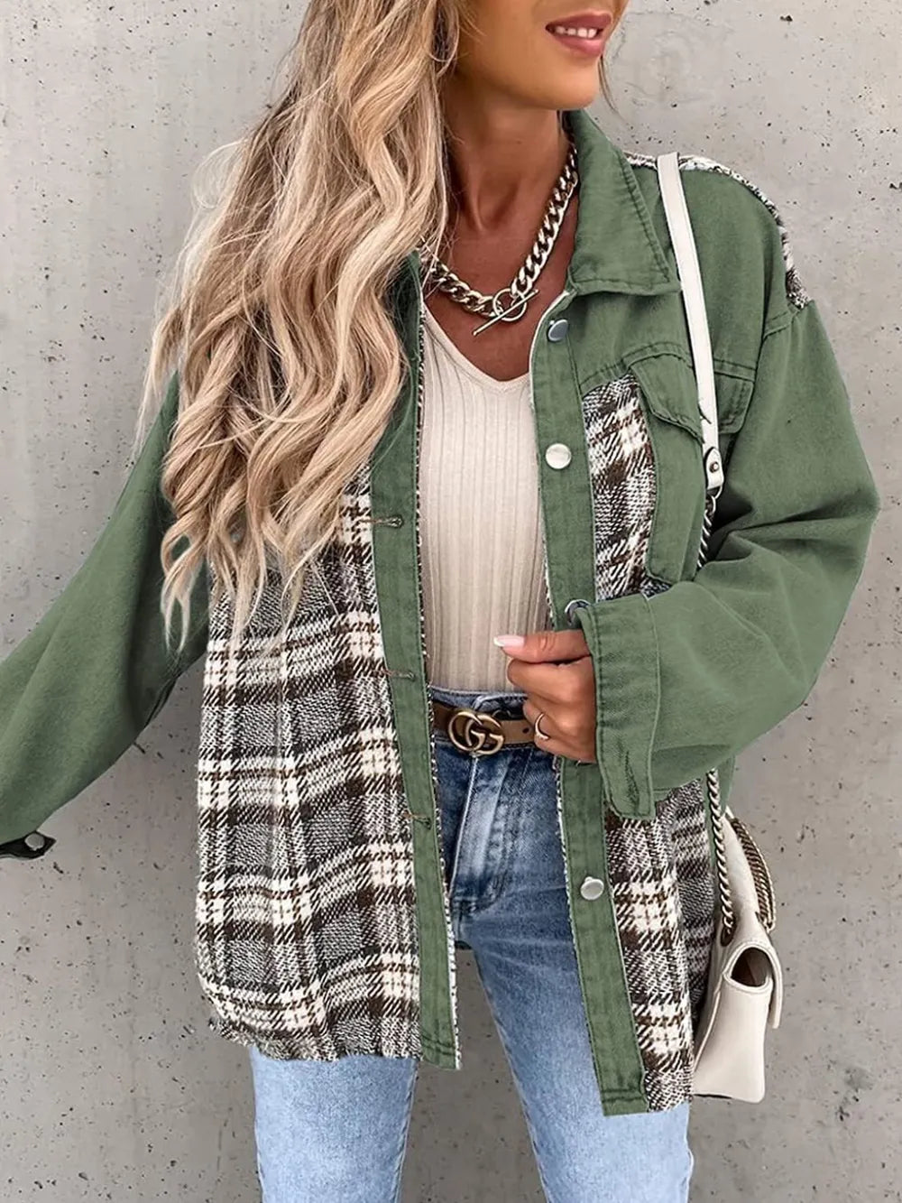 Plaid Button Up Dropped Shoulder Jacket in Matcha Green