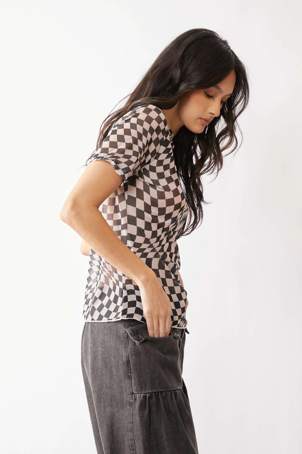 Davi & Dani Checker Board Printed Mesh Short Sleeve Top - Lilixa.store