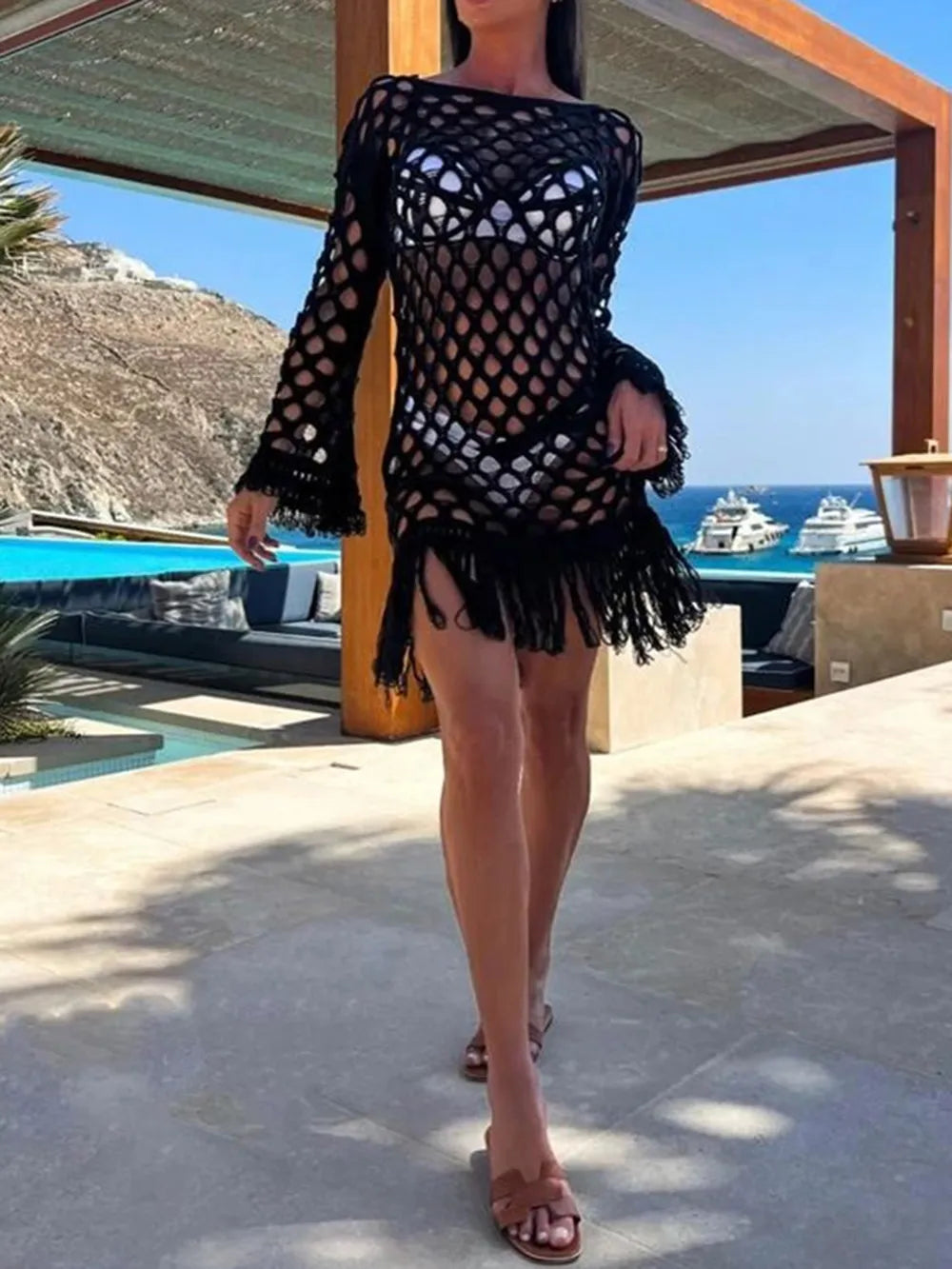 Fringe Cutout Long Sleeve Cover Up, view 4