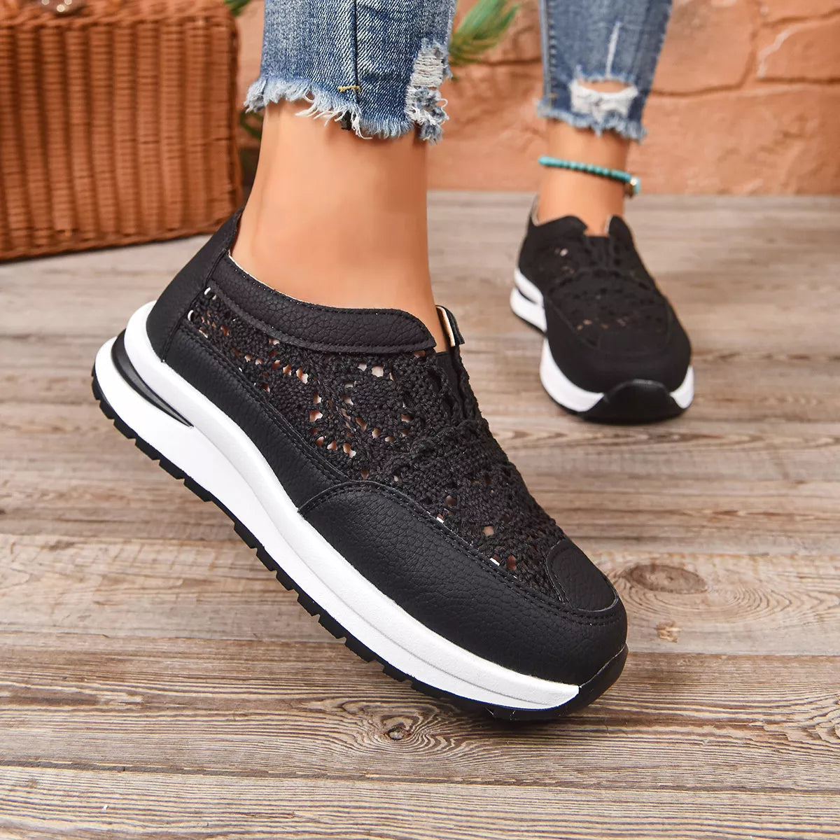 Breathable Round Toe Slip-Ons in Black