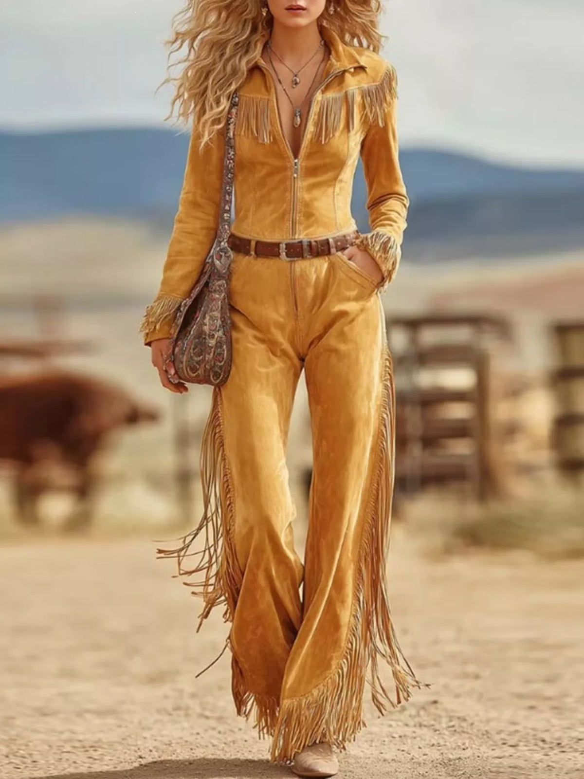 Western-Inspired Suede Fringe Jumpsuit with Zipper Front in Yellow