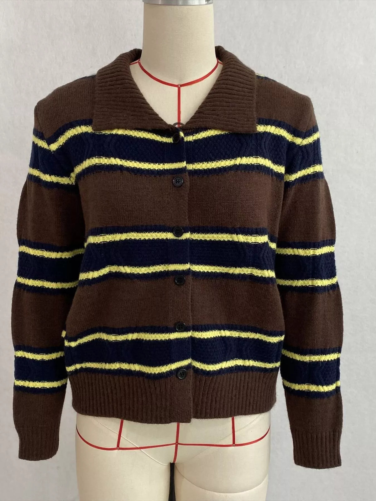 Vintage-Inspired Striped Knit Cardigan with Polo Collar, view 11