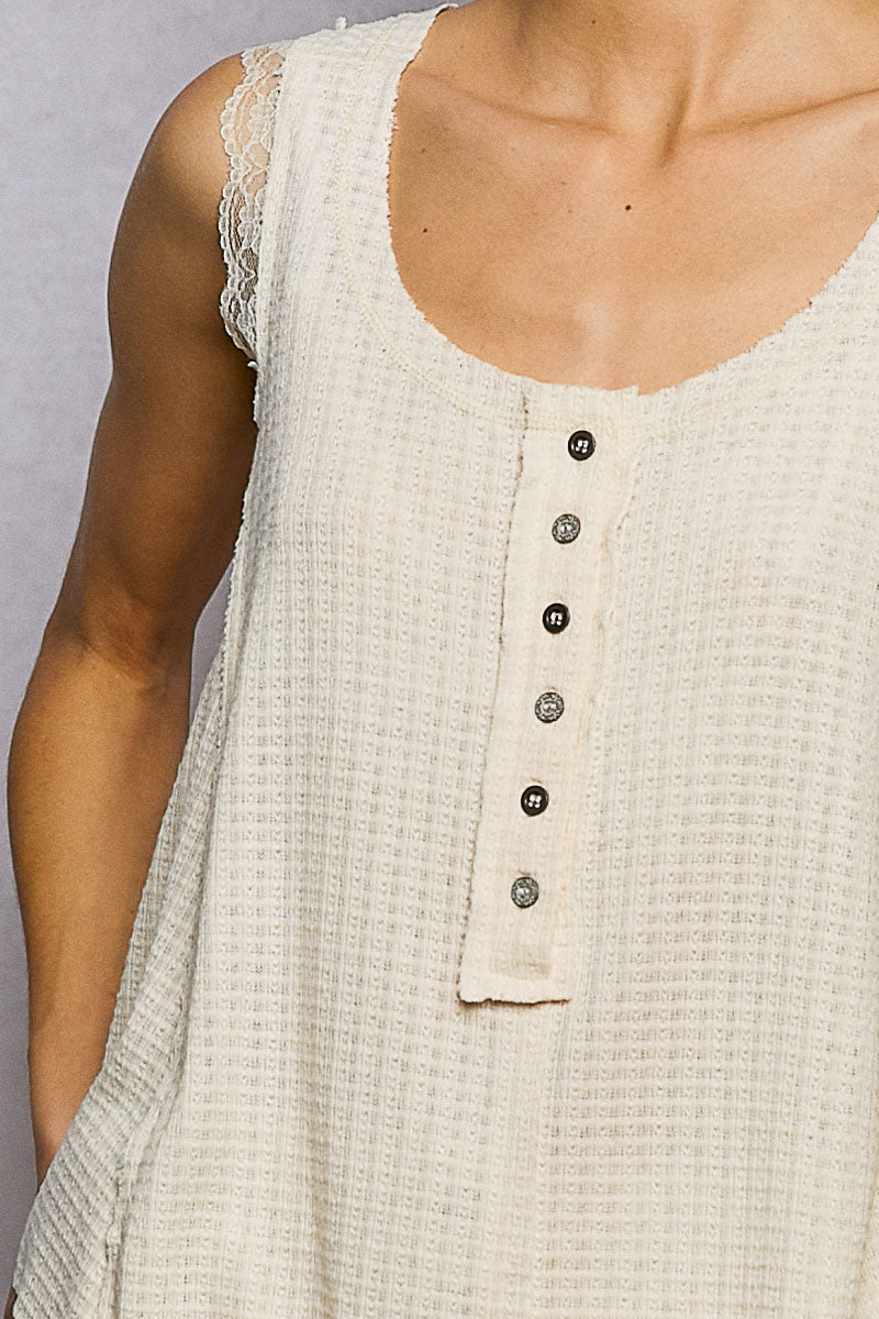 POL Textured Knit Round Neck Tank with Lace Detail - Lilixa.store