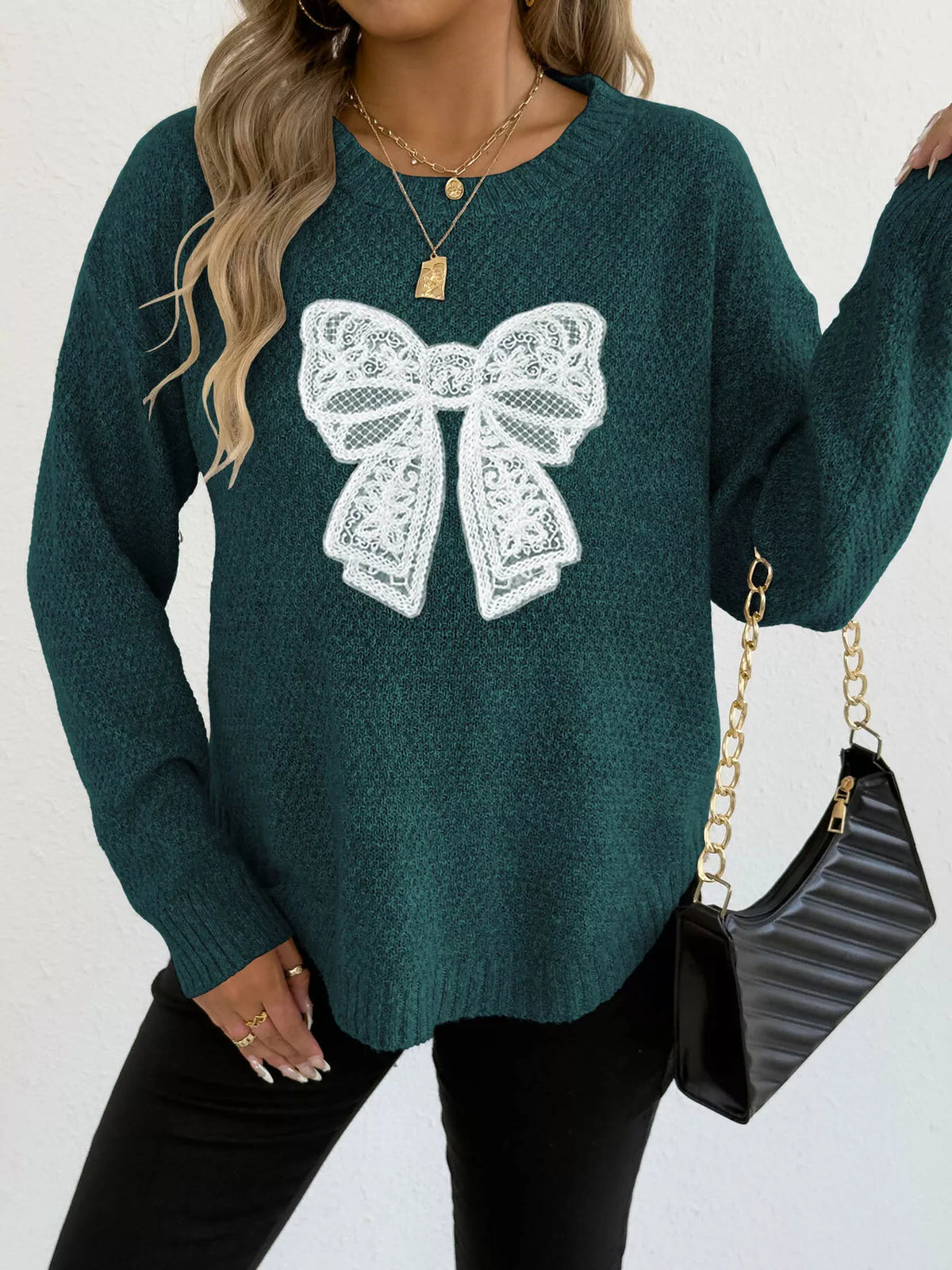 Lace Bow Embroidered Round Neck Sweater