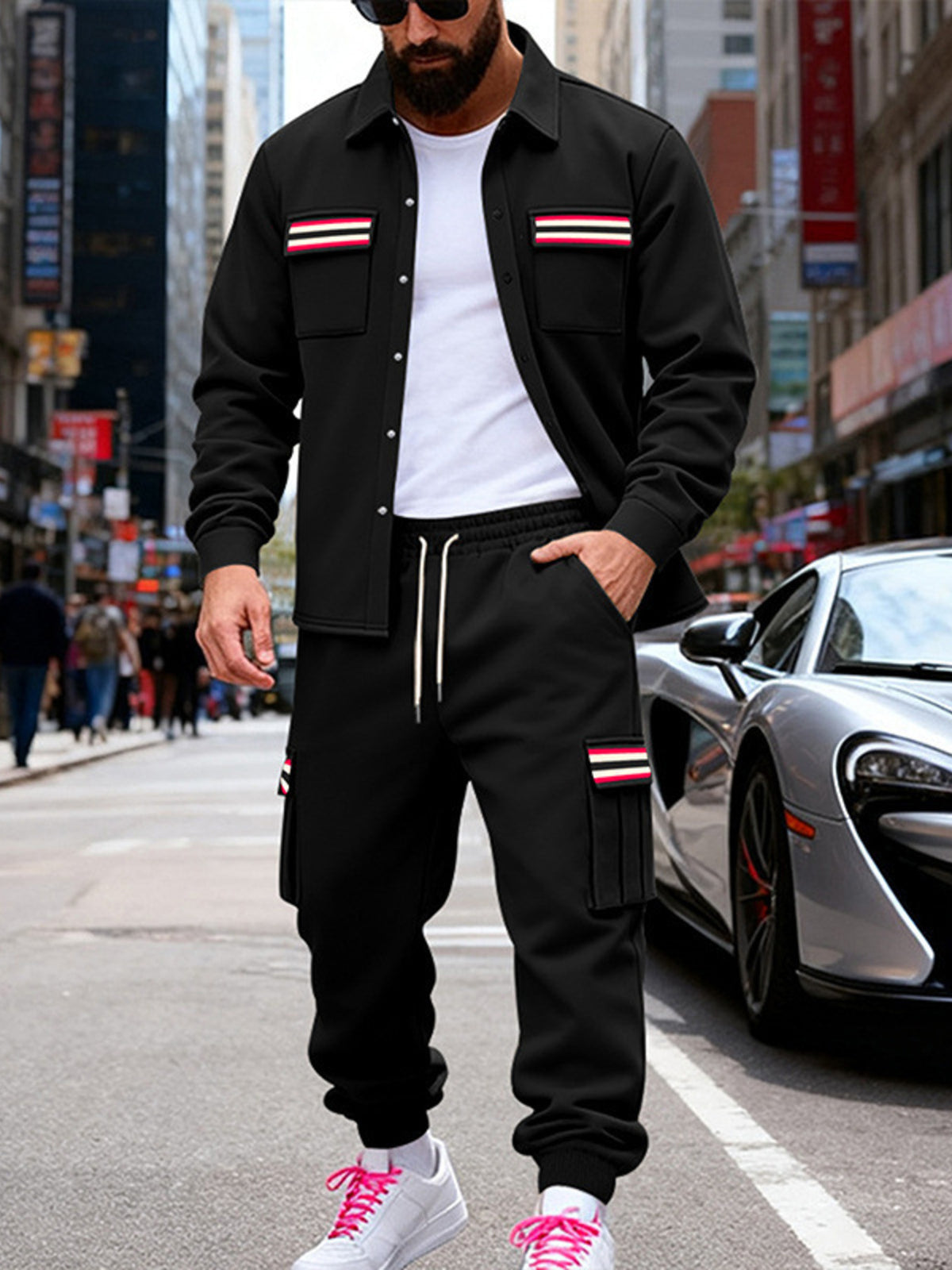 Men's Full Size Collared Neck Shacket and Pants Set Plus Size