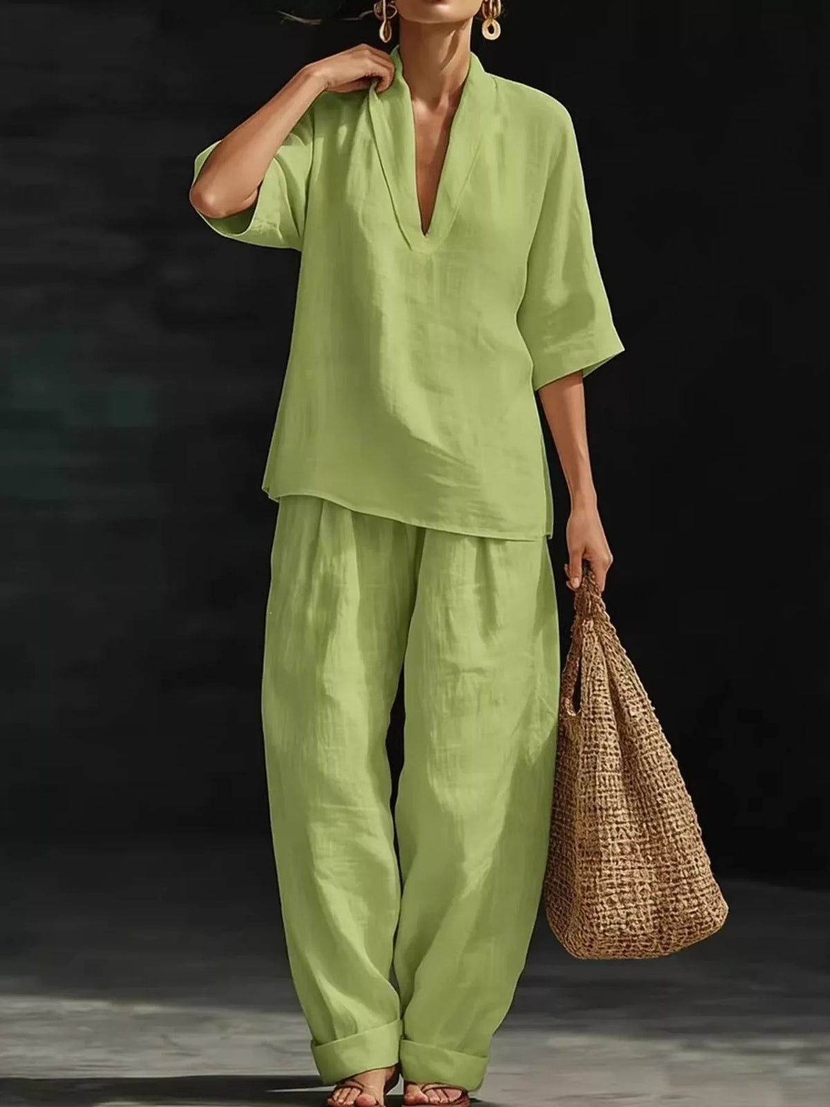 Full Size Half Sleeve Top and Wide Leg Pants Set Plus Size
