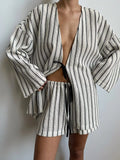 Striped Tie Front Top and Shorts Lounge Set - Lilixa.store
