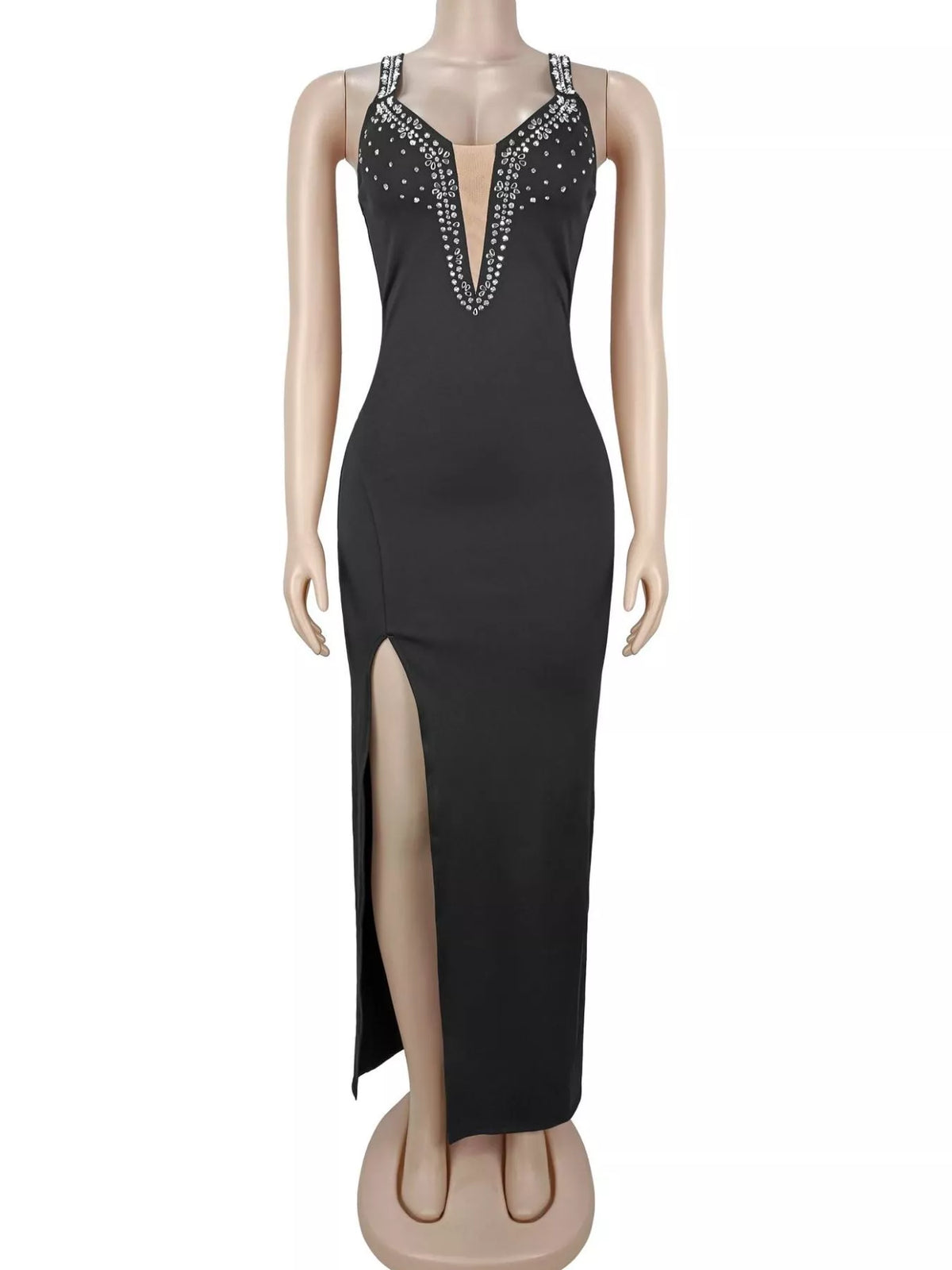Rhinestone Cutout Back High Slit Maxi Dress - Lilixa.store