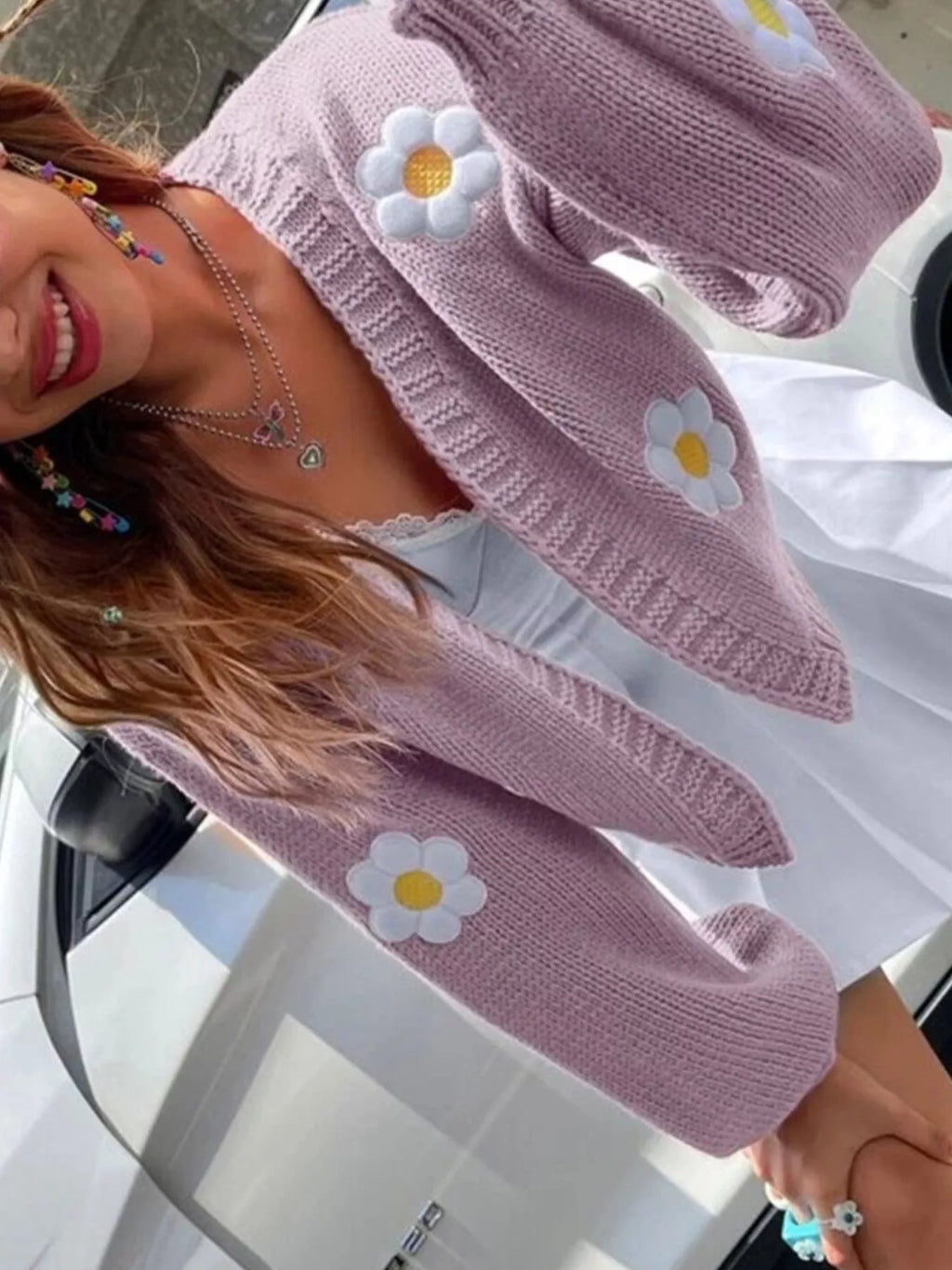 Floral Open Front Knit Cardigan - Lilixa.store