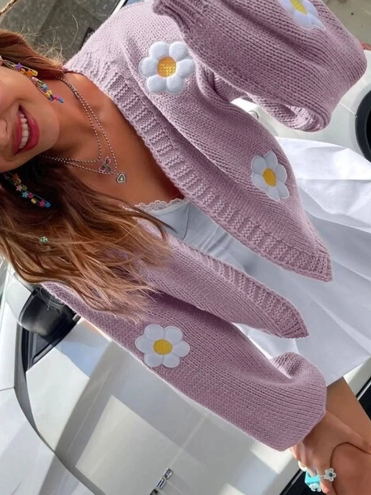 Floral Open Front Knit Cardigan - Lilixa.store