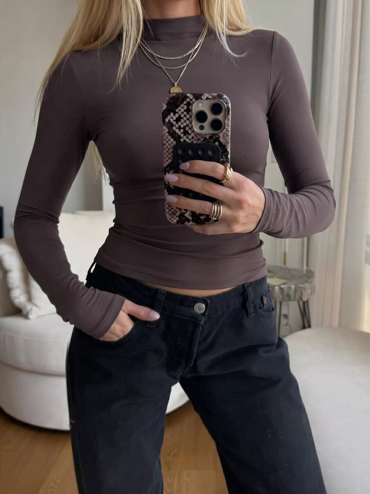 Slim-Fit Mock Neck Long Sleeve T-Shirt