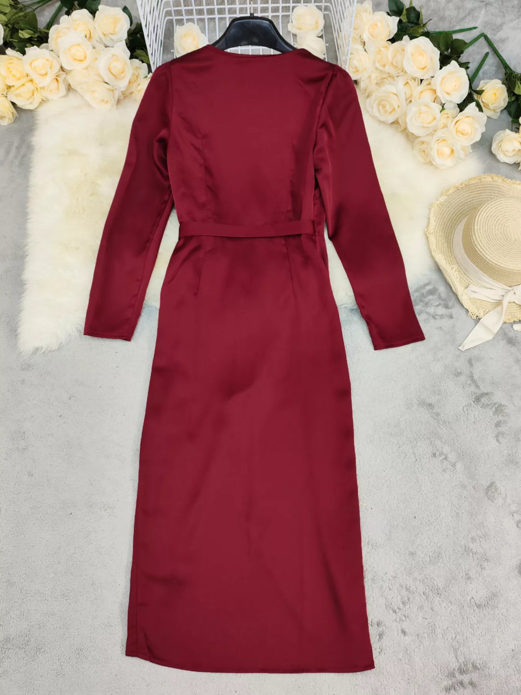 Surplice Satin Long Sleeve Dress - Lilixa.store