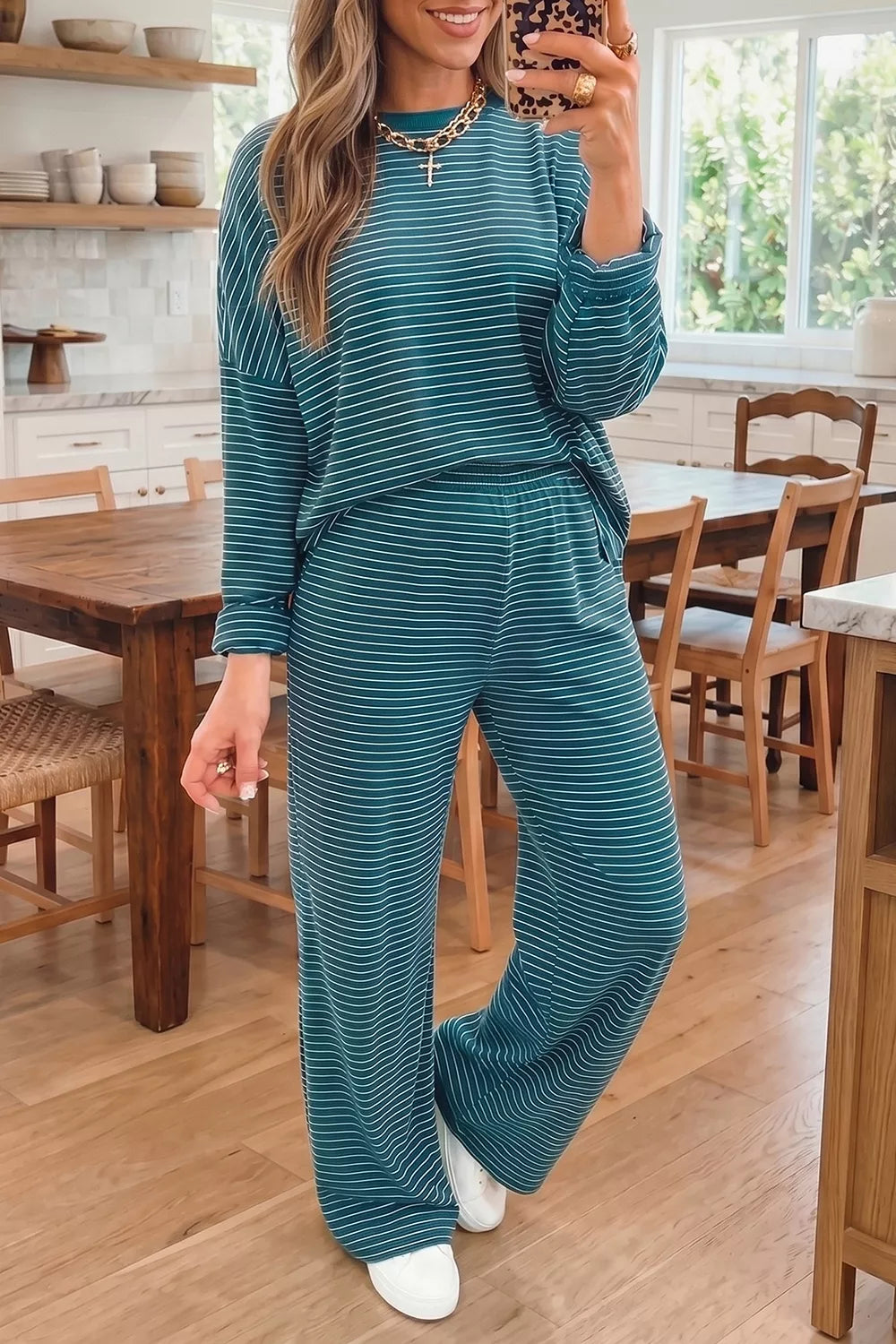 Stripe Dropped Shoulder Long Sleeve Top Elastic Waist Pants Casual 2pcs Set - Lilixa.store