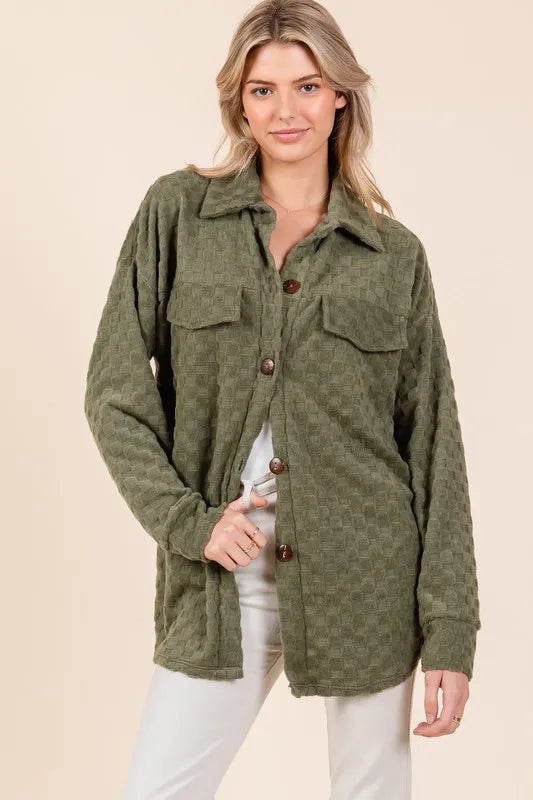 BOMBOM Checkered Button Down Dropped Shoulder Shacket - Lilixa.store