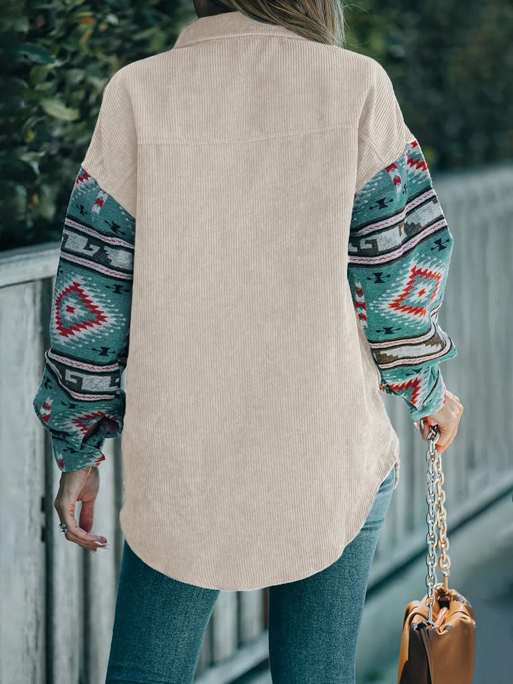 Perfee Pocketed Geometric Collared Neck Shacket in Dust Storm, view 2