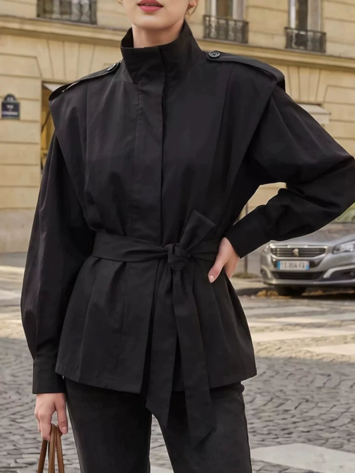 Stand-Collar Belted Outerwear - Lilixa.store