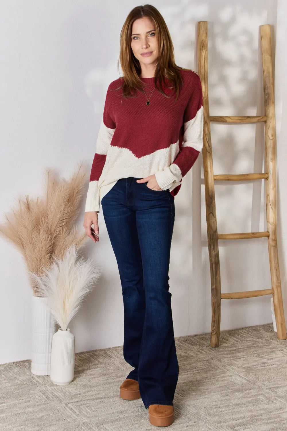 Hailey & Co Full Size Color Block Dropped Shoulder Knit Top - Lilixa.store