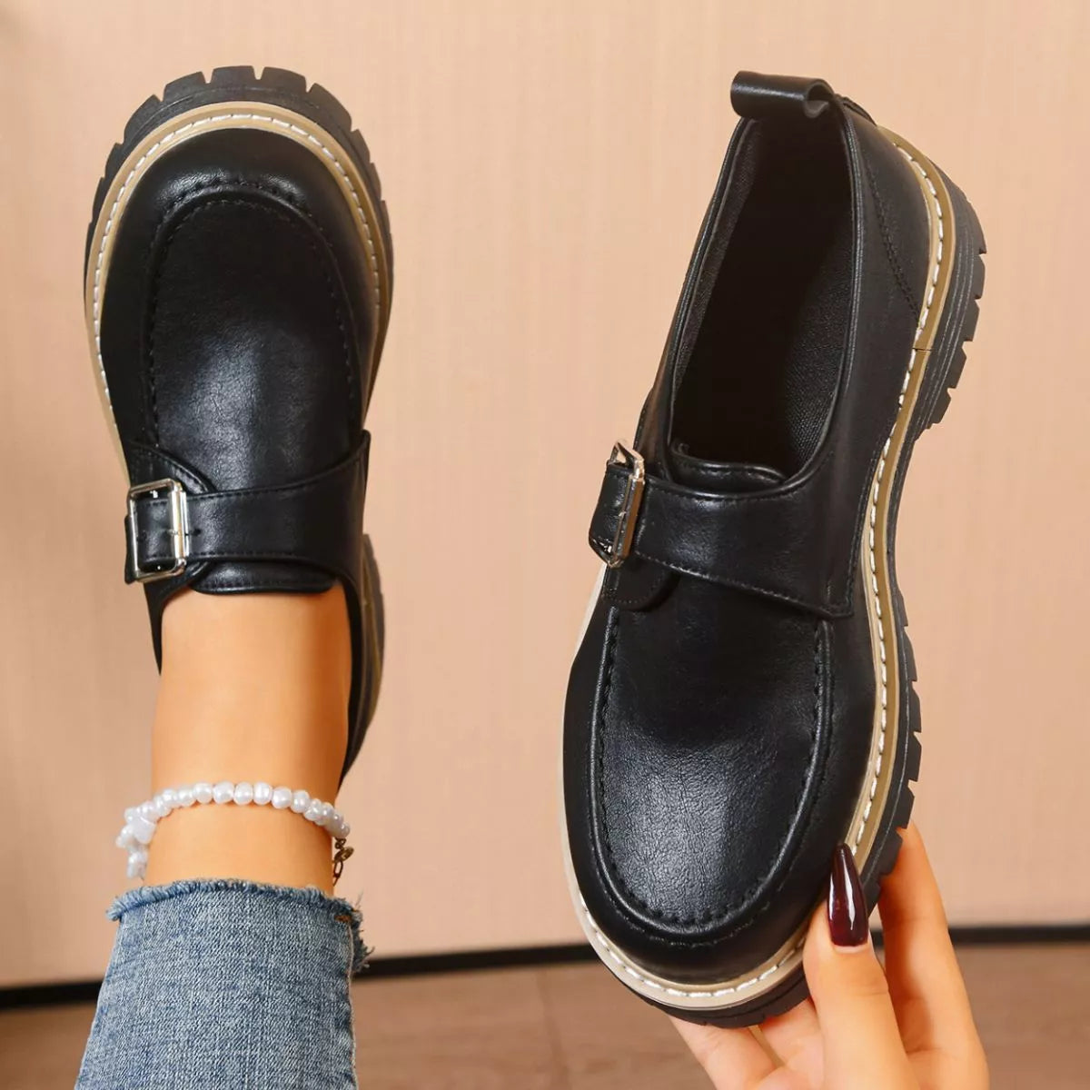 Round Toe Buckle Loafers in Black