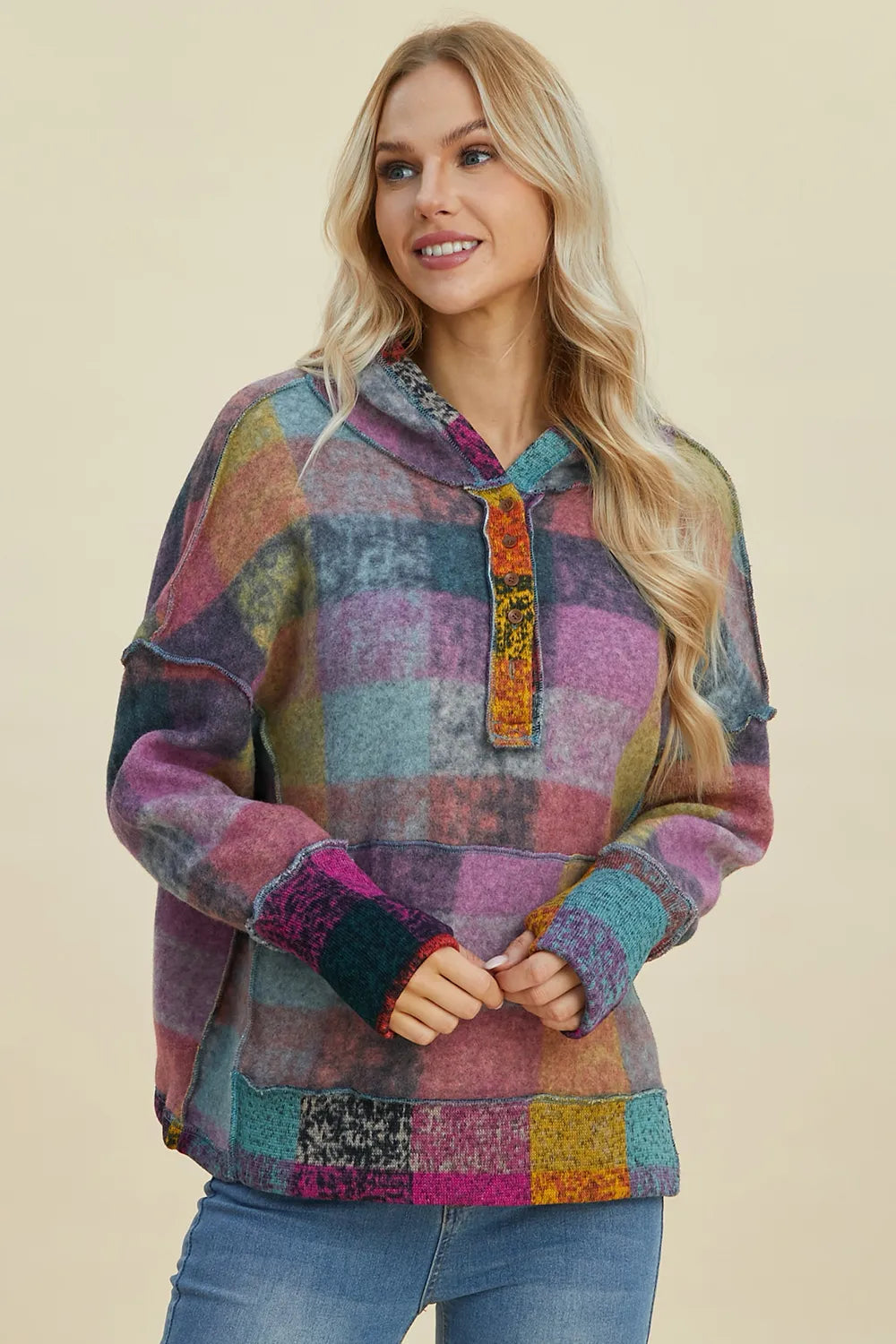 Double Take Full Size Plaid Dropped Shoulder Fleece Hoodie Plus Size - Lilixa.store