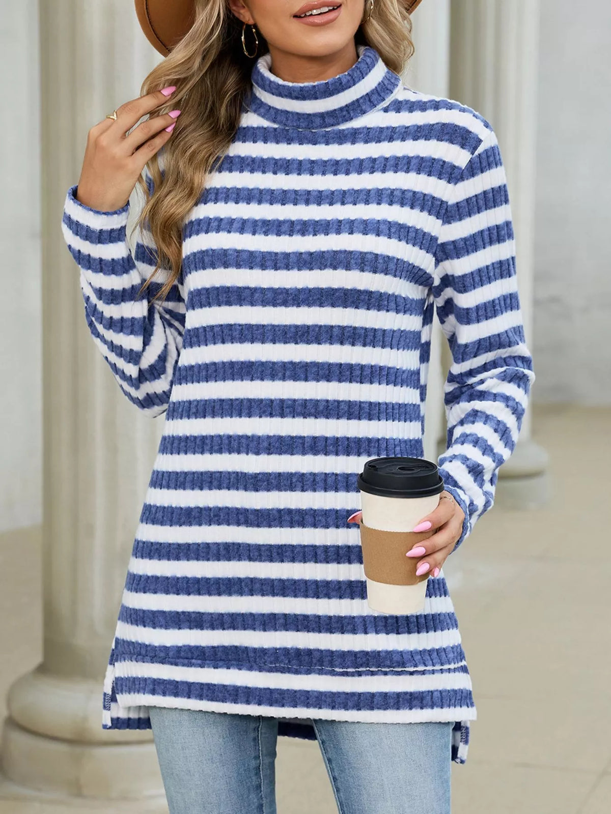 Striped Ribbed Knit Turtleneck Long Sleeve T-Shirt - Lilixa.store