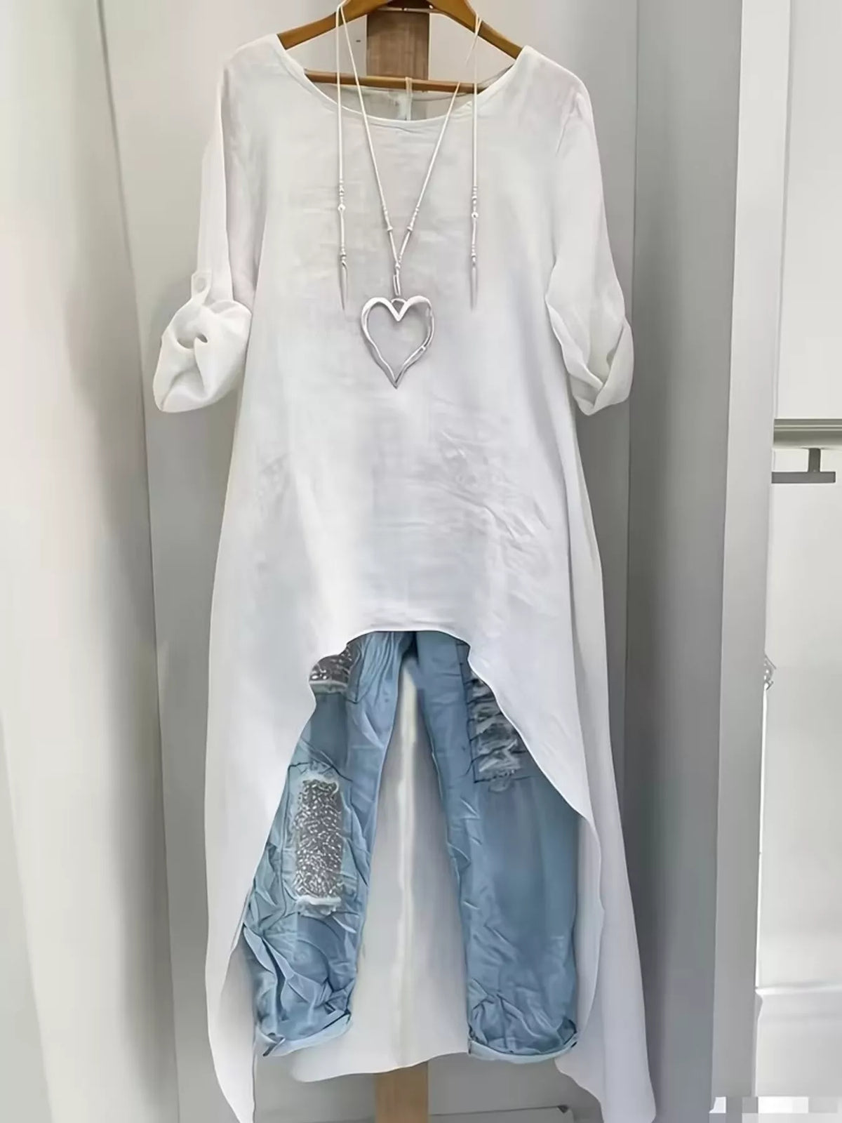 High-Low Hem Roll-Up Sleeves Blouse - Lilixa.store