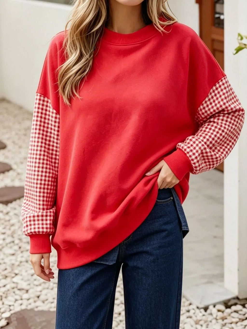 Contrast Gingham Long Sleeve Sweatshirt - Lilixa.store