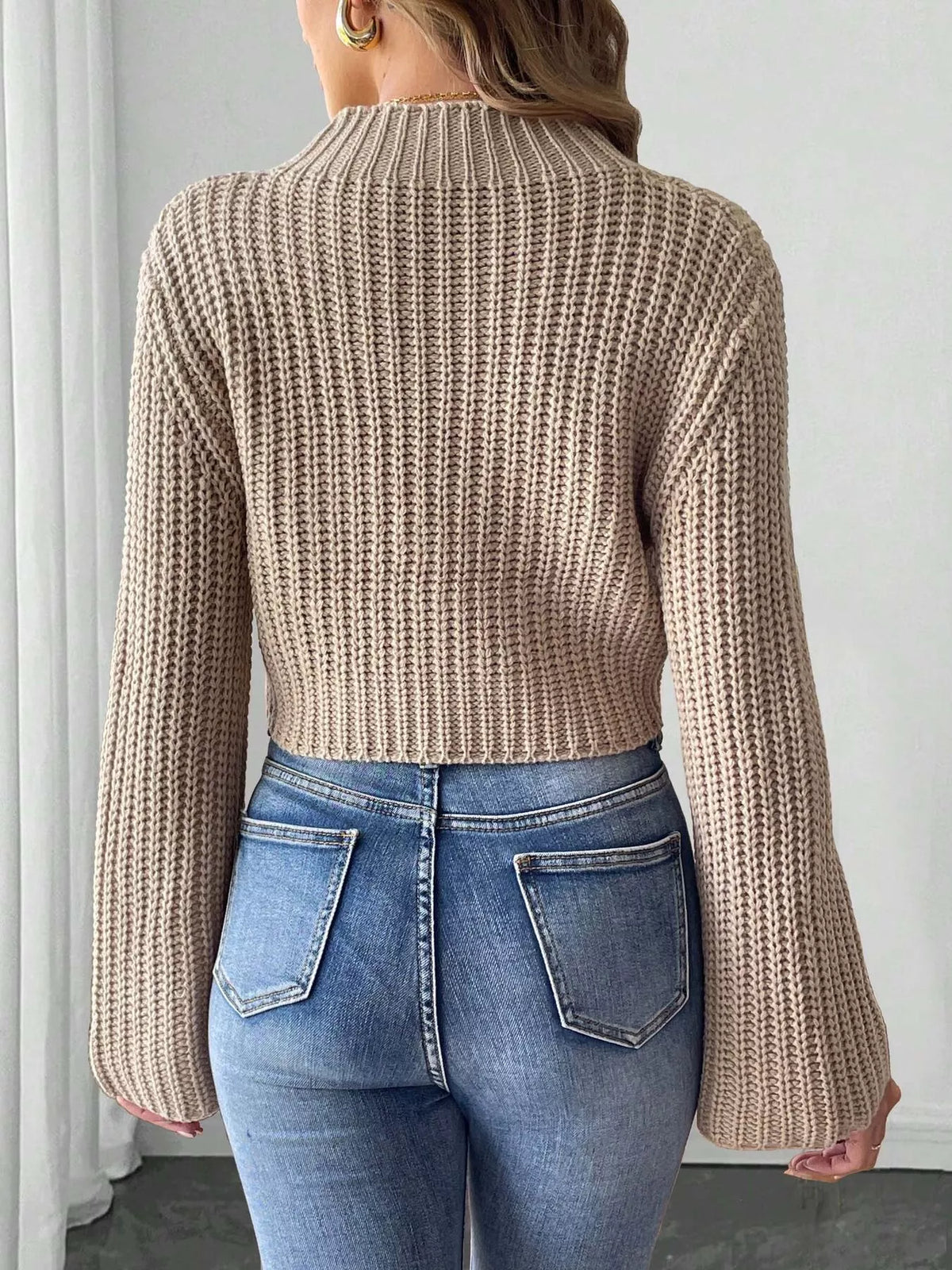 Bow-Decorated Mock Neck Cropped Sweater - Lilixa.store