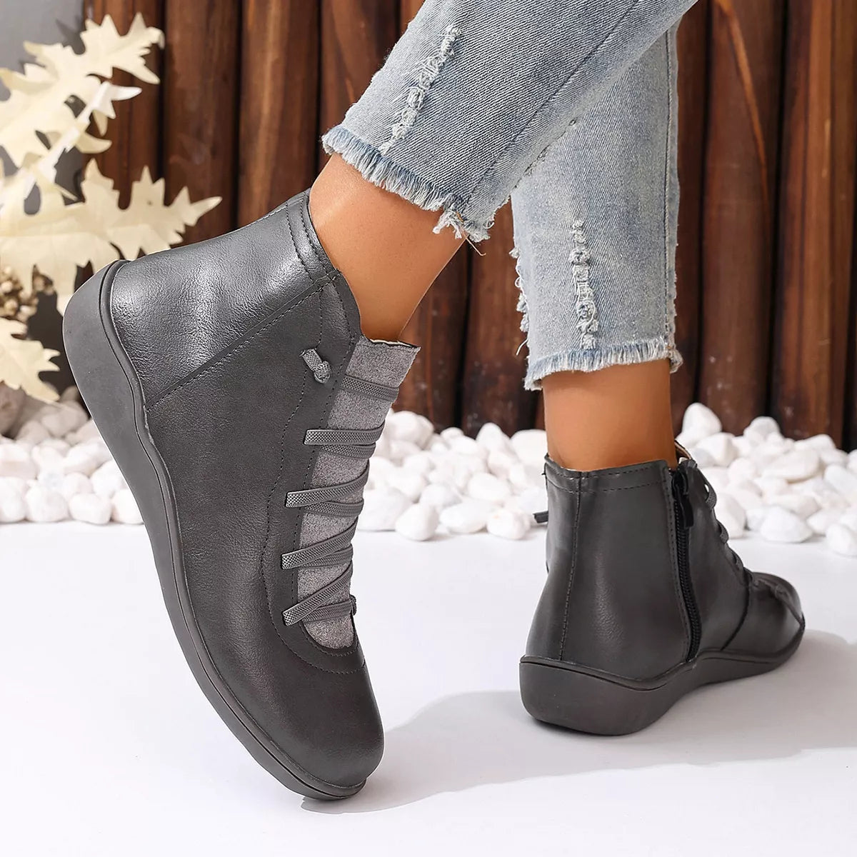 Lace-Up Faux Leather Ankle Boots, view 23
