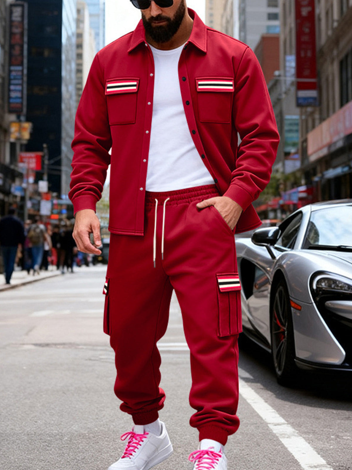 Men's Full Size Collared Neck Shacket and Pants Set Plus Size