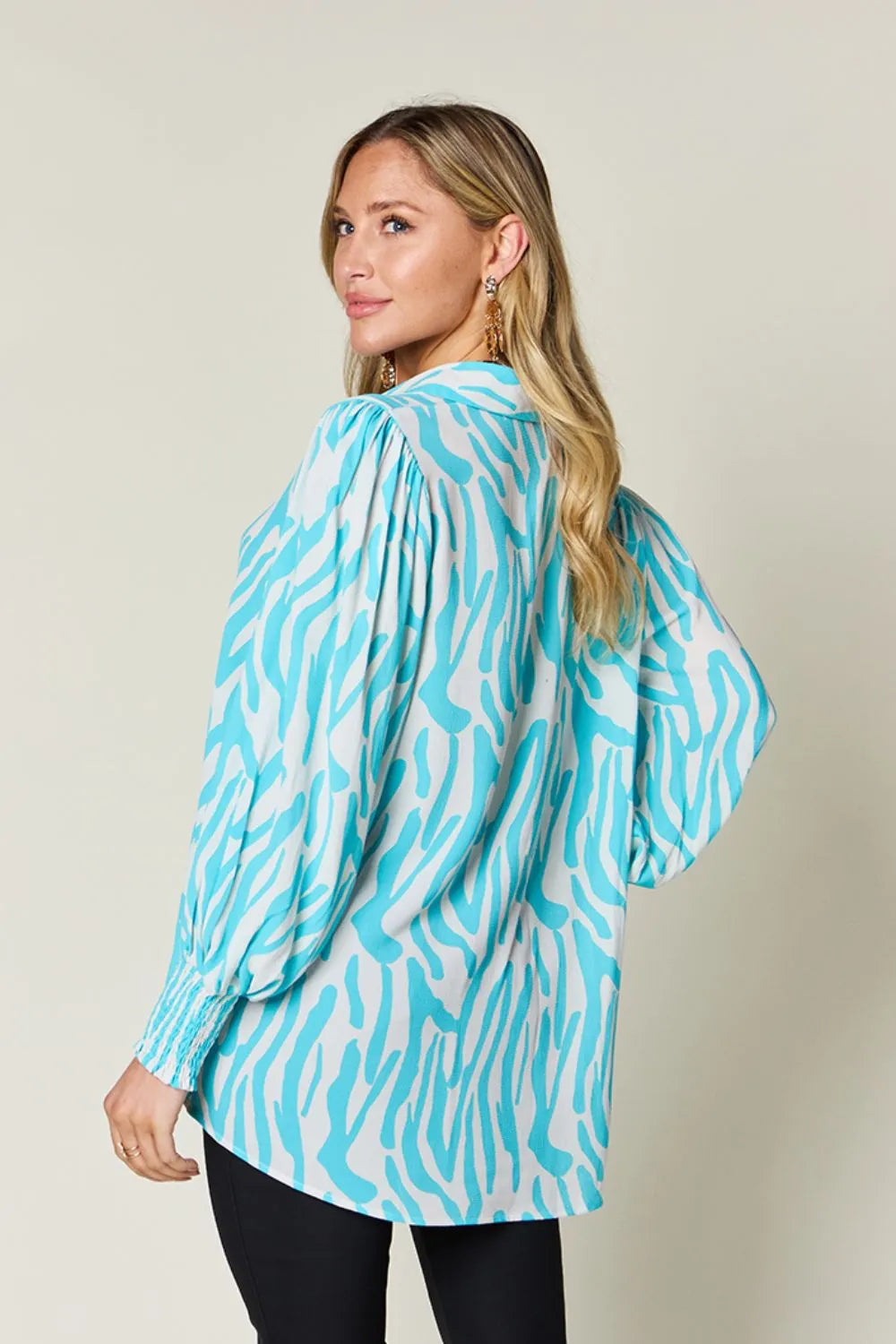 Double Take Full Size Printed Smocked Long Sleeve Blouse Plus Size - Lilixa.store