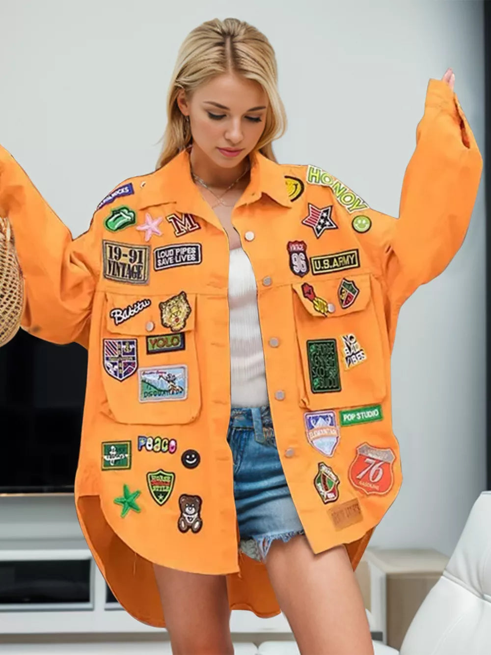 Embroidered Patch Button Up Long Sleeve Denim Jacket - Lilixa.store