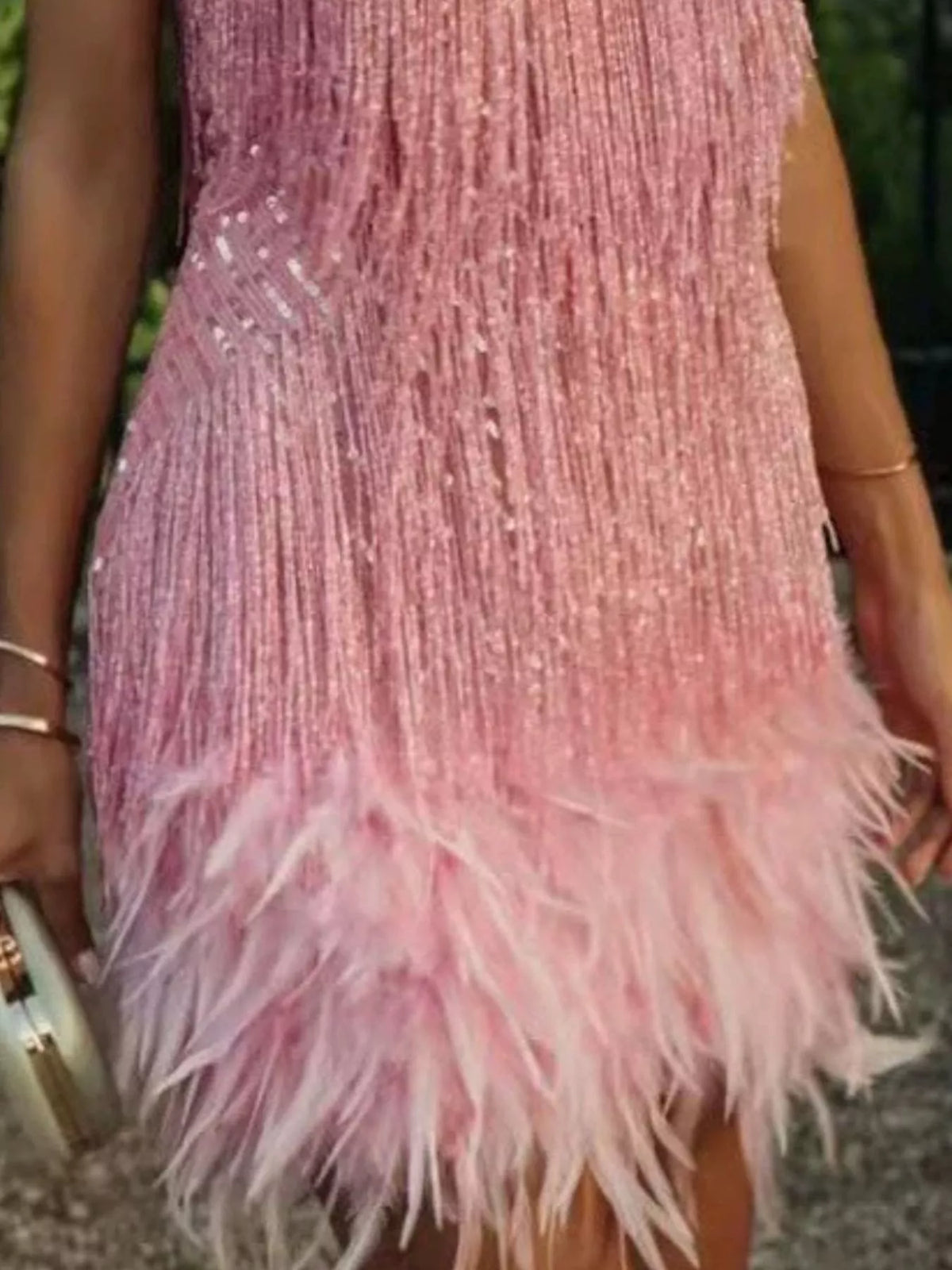 Full Size Sequin and Feather Fringe Mini Dress Plus Size - Lilixa.store