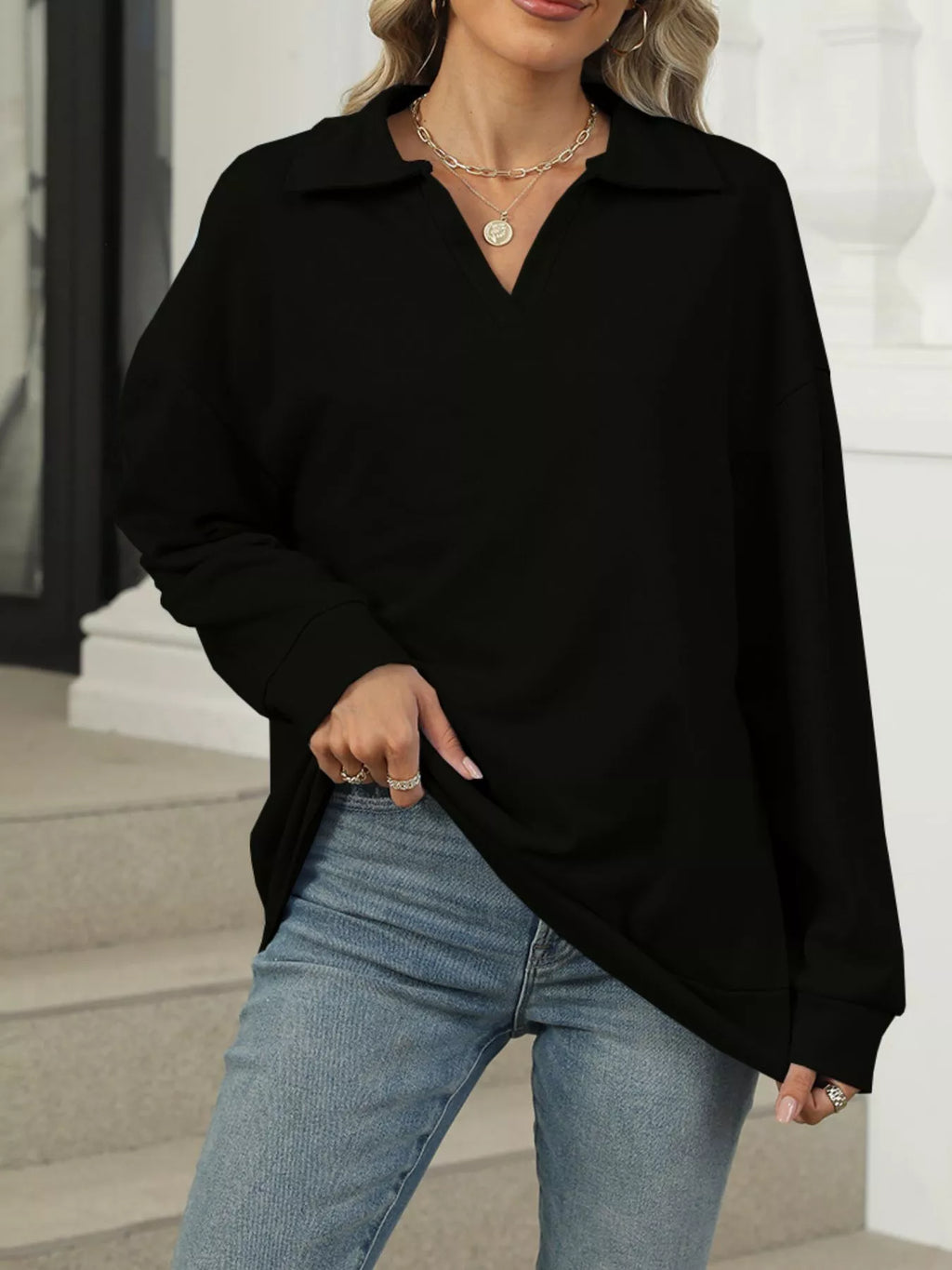 Johnny Collar Drop Shoulder Long Sleeve Sweatshirt - Lilixa.store