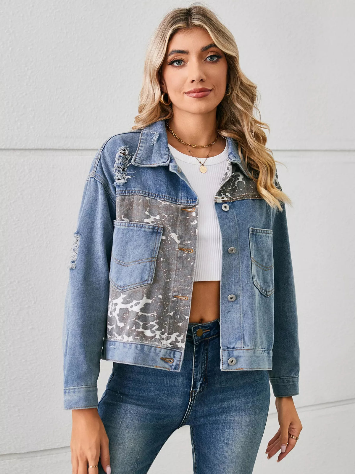 Snake Print Button Up Denim Jacket - Lilixa.store